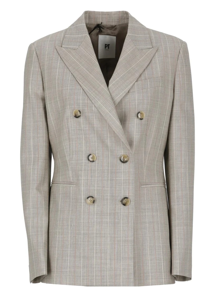 Beige Virgin Wool Double-Breasted Blazer With All-Over Check Pattern