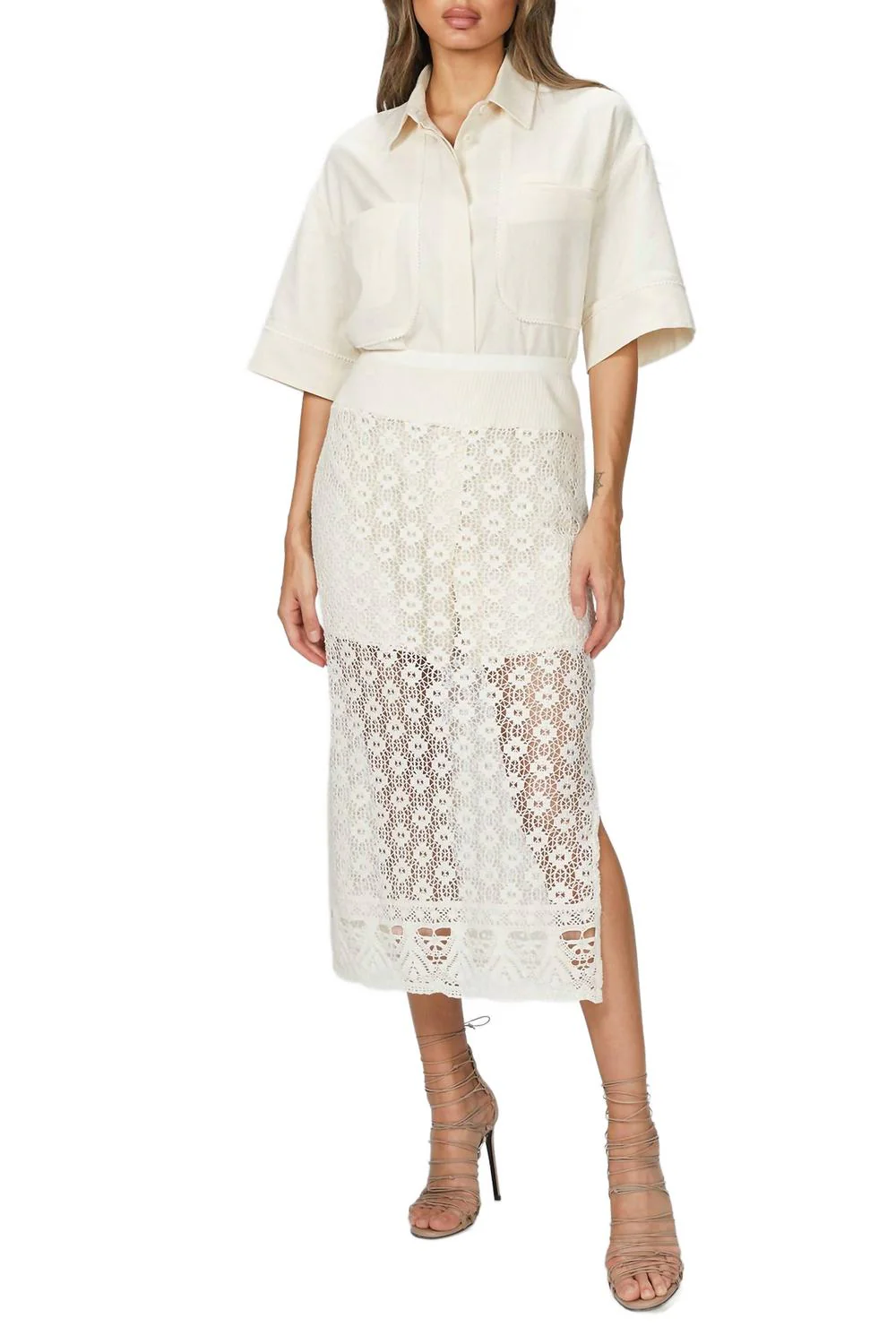 Shirt And Crochet Lace Skirt Set In Natural Beige