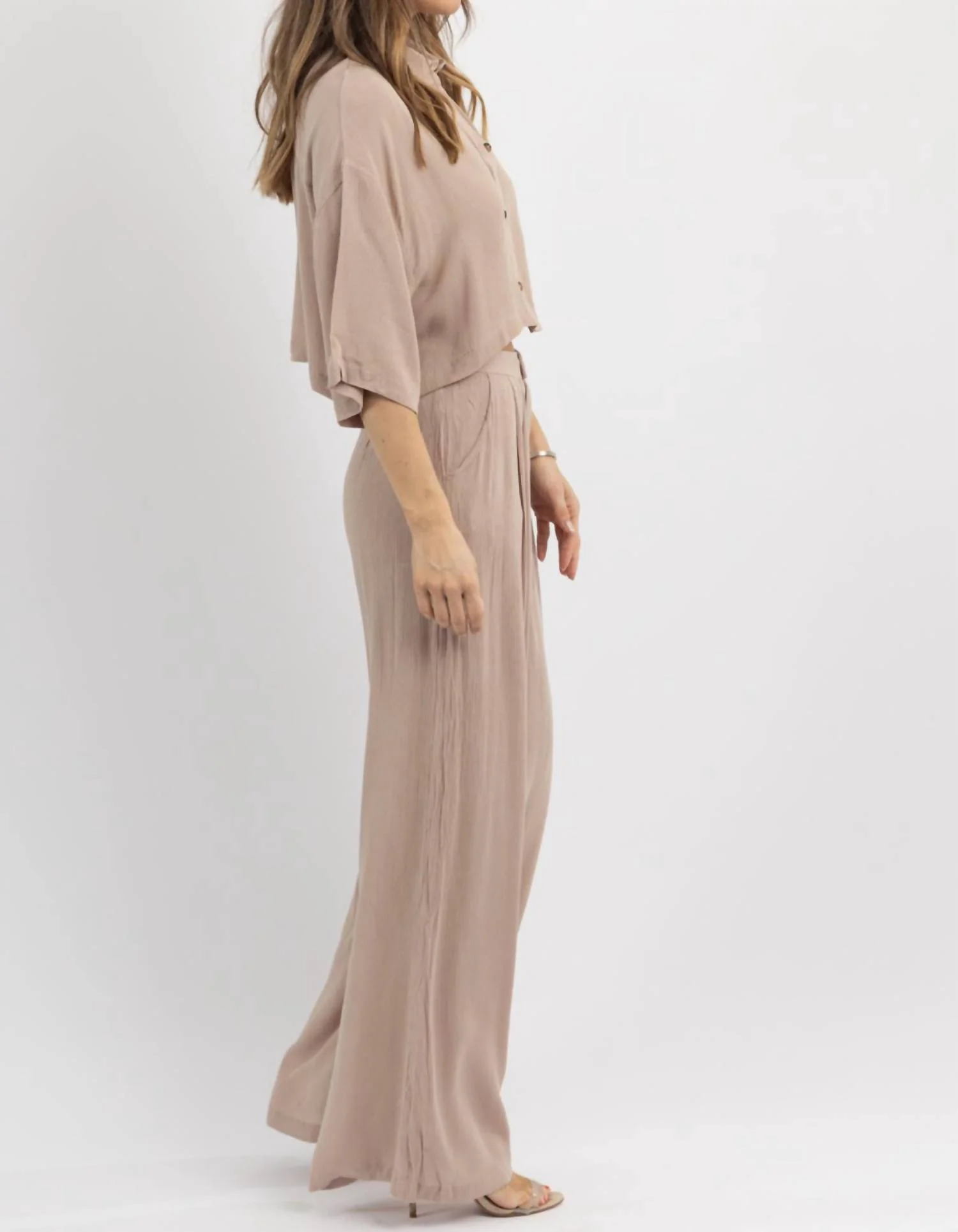 Float On Collar Pant Set In Beige