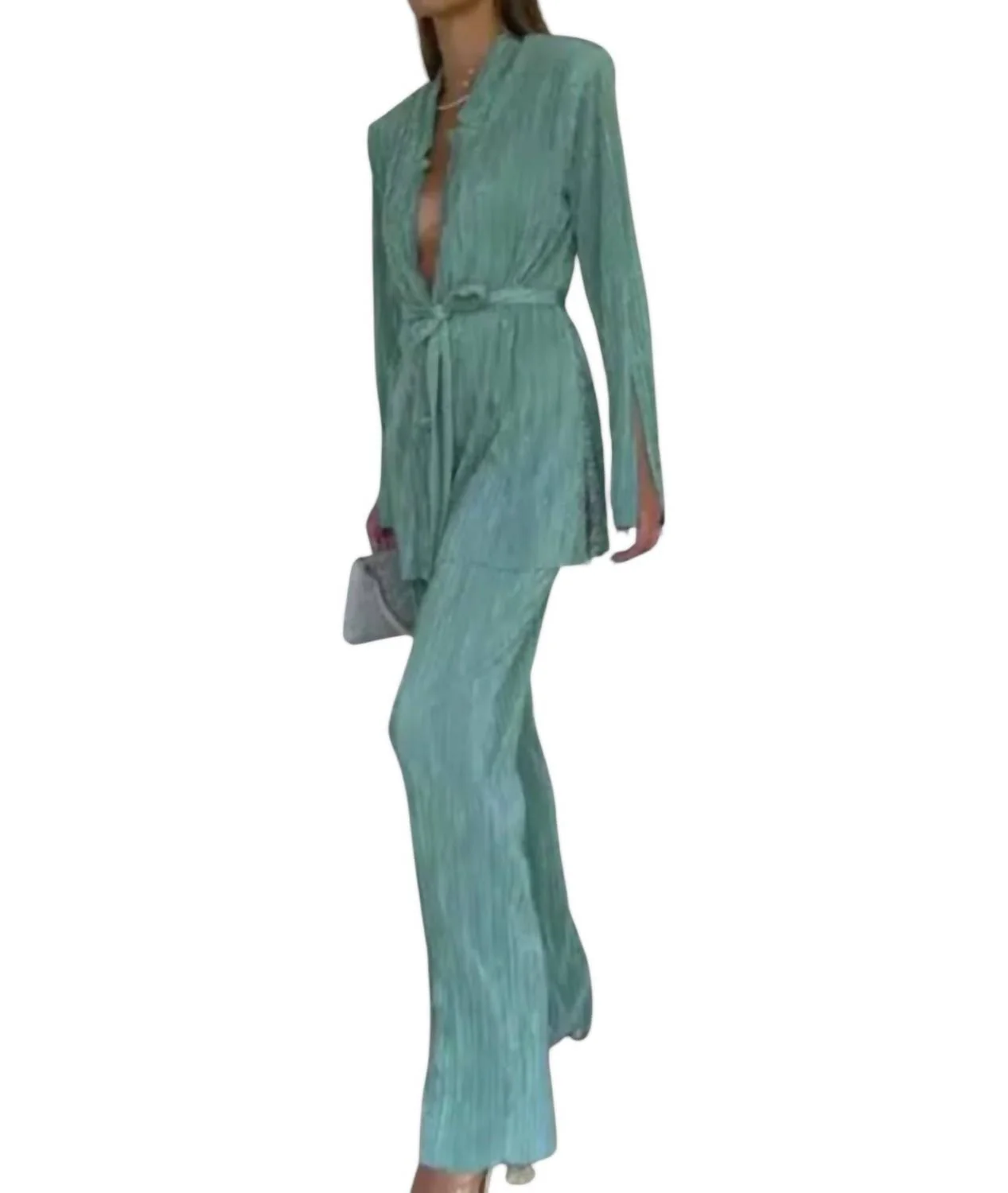 Sukianna Plisse Pants Set In Seafoam