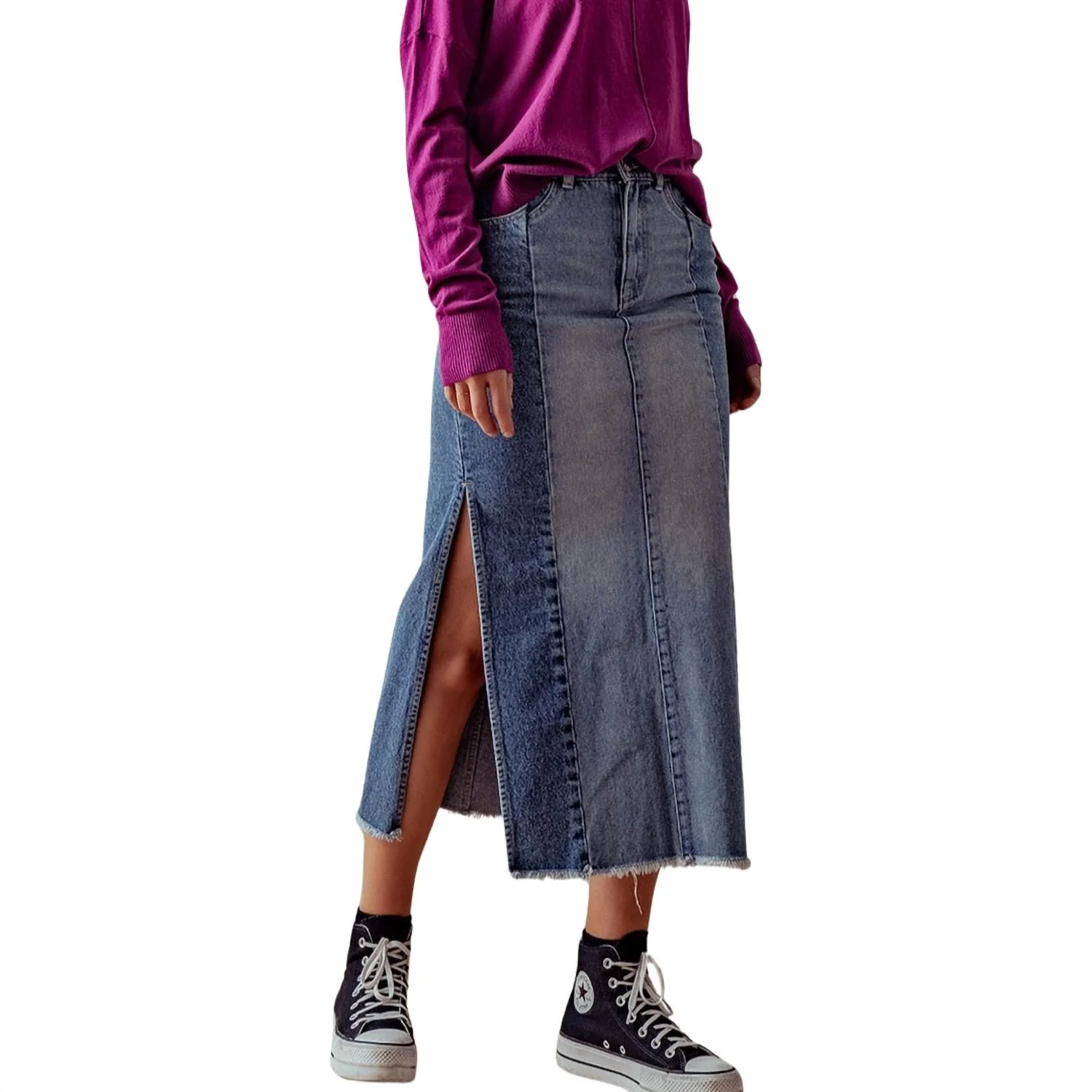 Apparel Trend Notes Side Slit Denim Skirt In Washed Denim