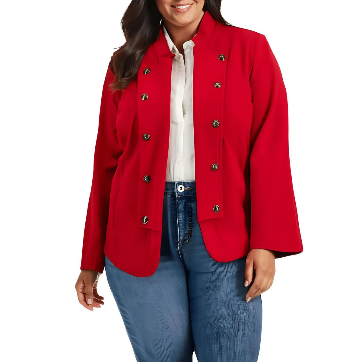 Plus Womens Military Band Button Detail Open-Front Blazer