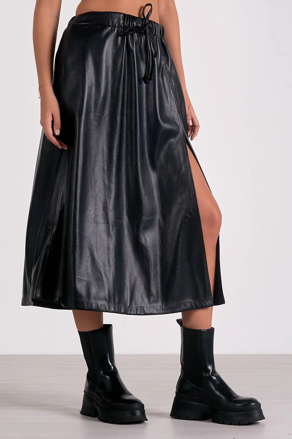 Faux Leather Midi Skirt In Black