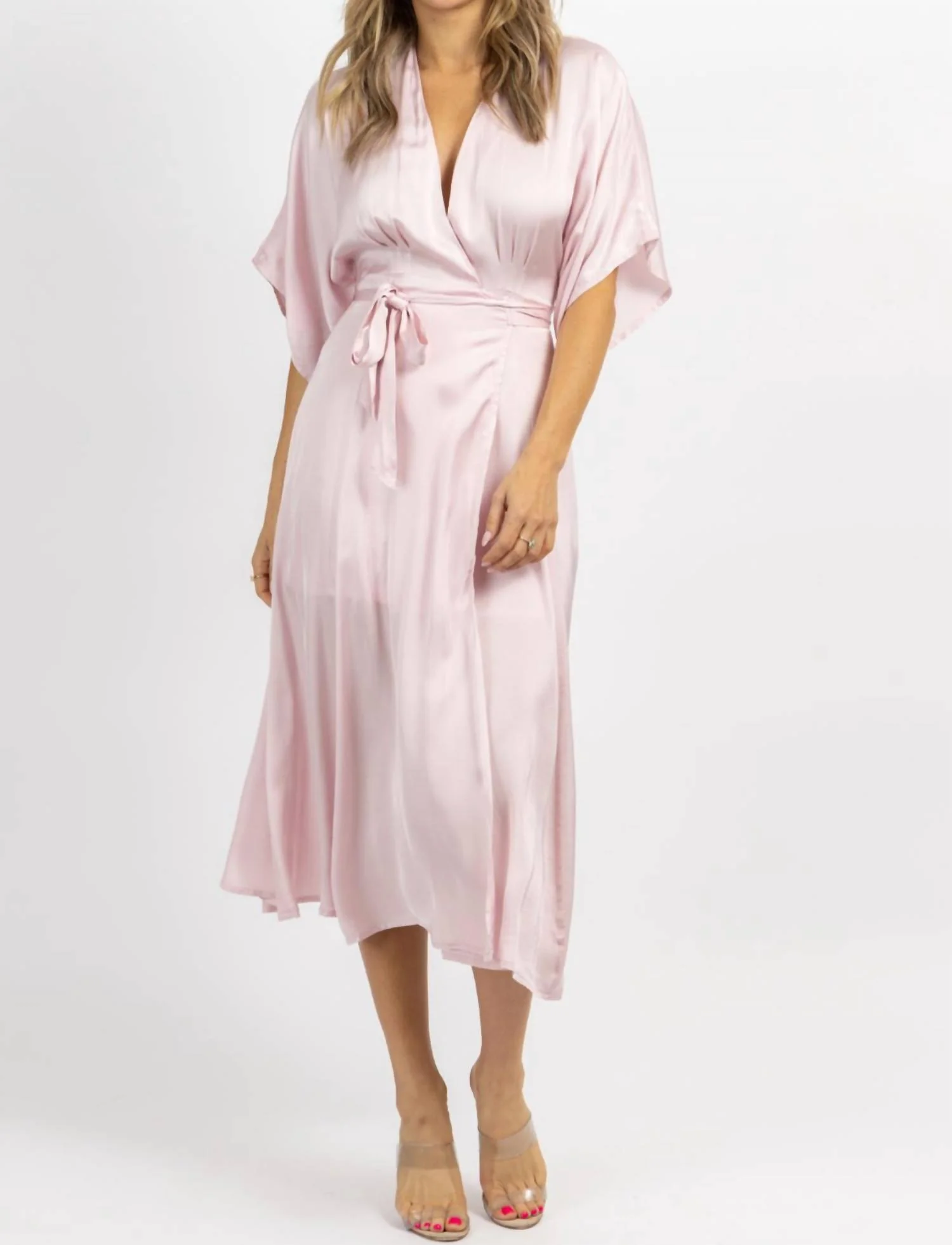 Satin Wrap Midi Dress In Pale Pink
