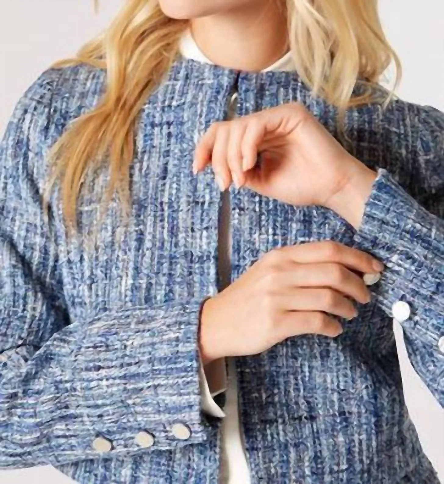 Textured Tweed Collarless Blazer In Blue