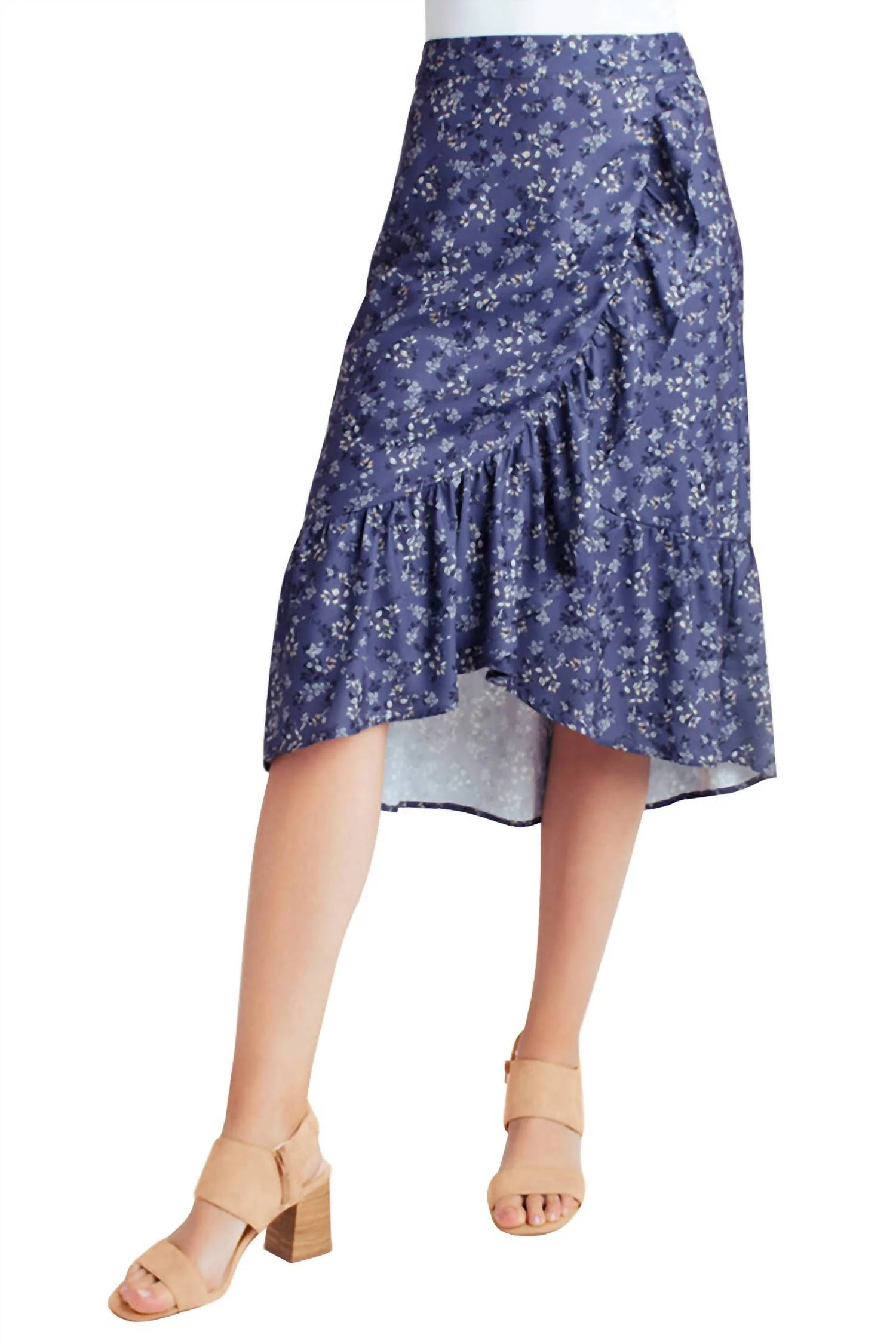 Ruffle Hem Faux Wrap Midi Skirt In Nostalgic Blooms
