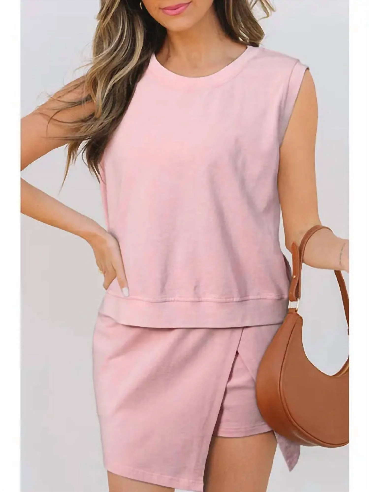 Mineral Wash Tank Top & Split Skort Set In Pink