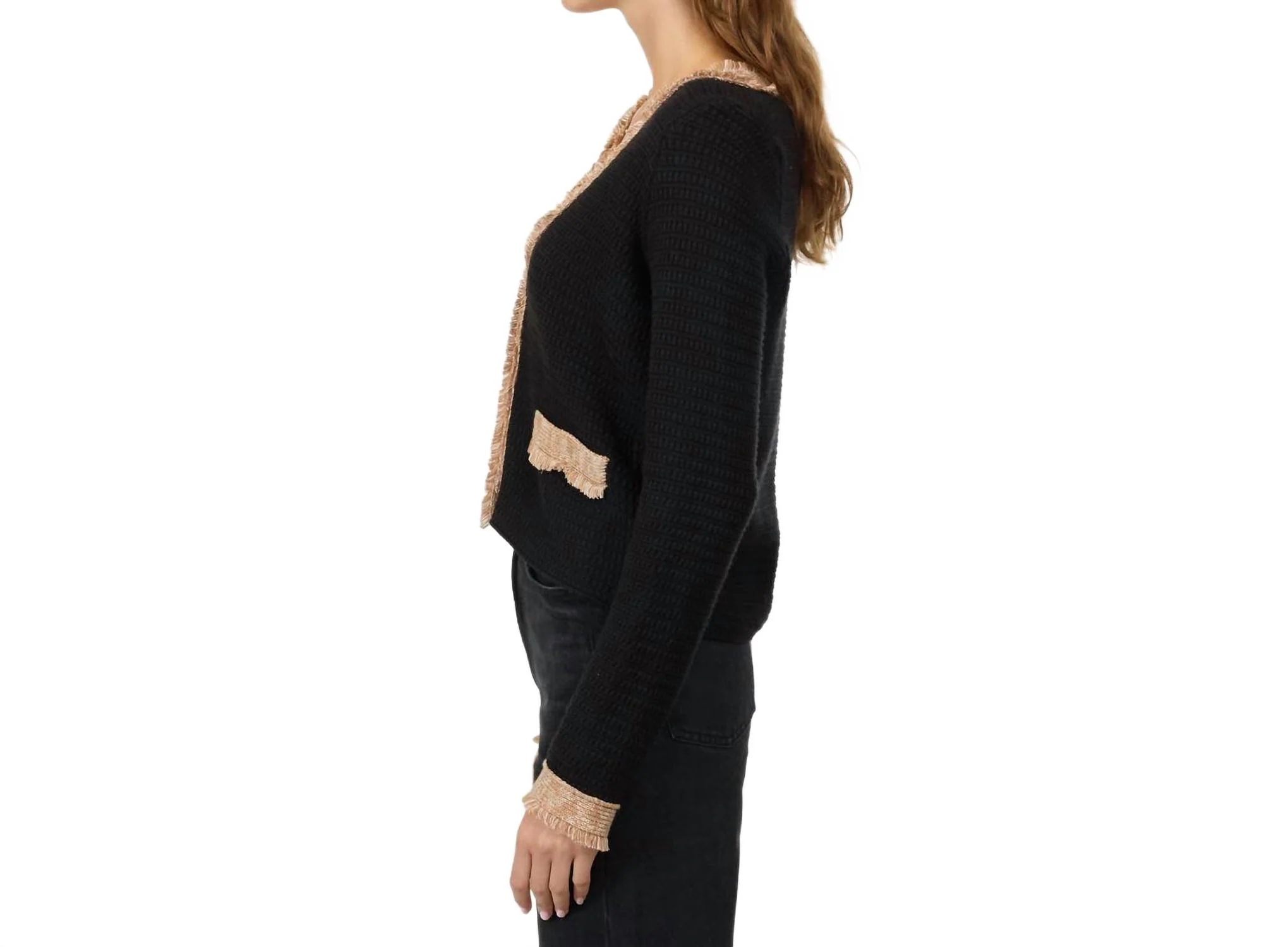 Fringed Trimmed V-Neck Jacket In Black Combo