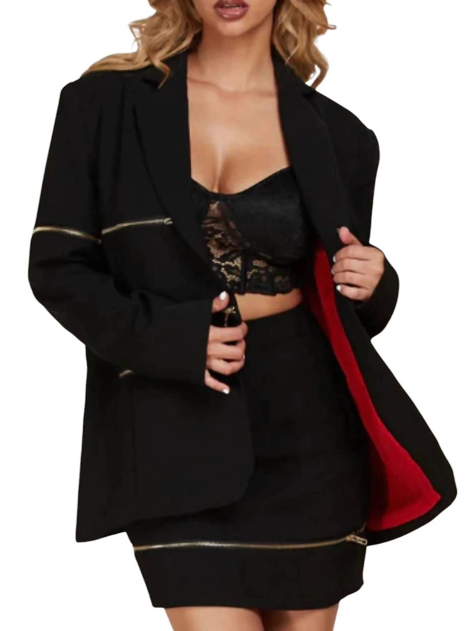 Red Bottom 2 Piece Suit And Skirt Set In Black