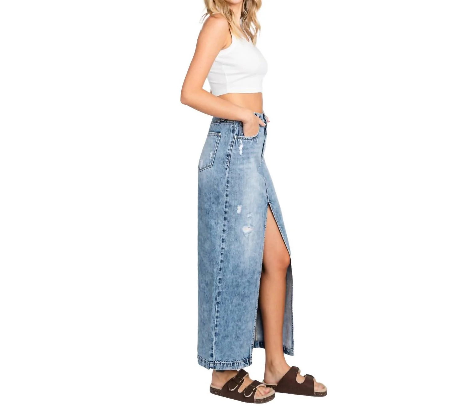 Melissa Destroyed Rigid Maxi Skirt With Split Hem In Blue