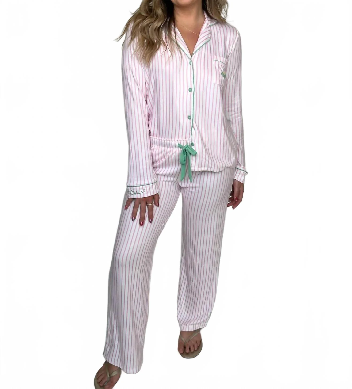 Happiest On The Court Pickleball Striped Pajama Set In Ivory/ Pink