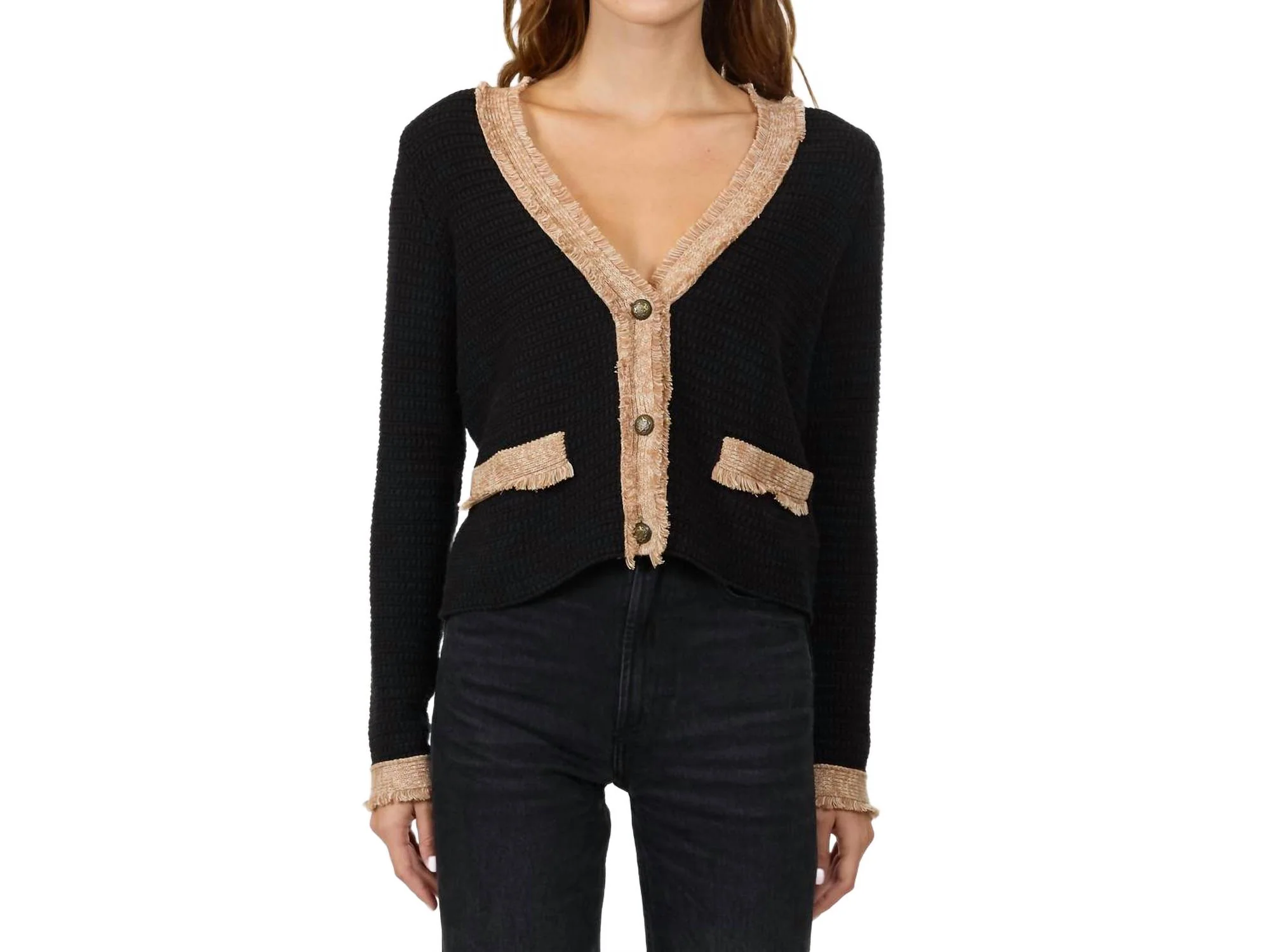 Fringed Trimmed V-Neck Jacket In Black Combo