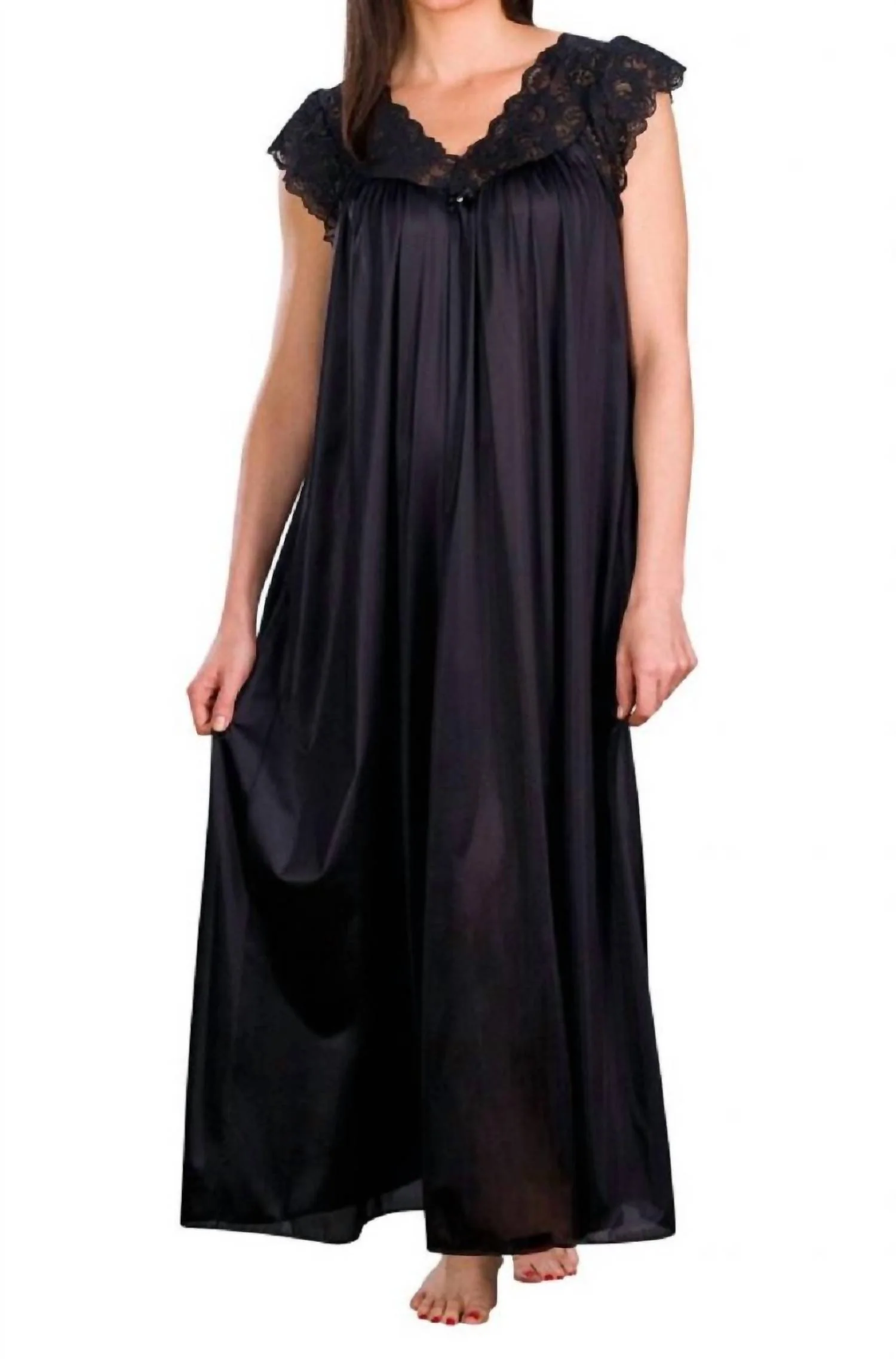 Long Lace Cap Sleeve Nightgown In Black