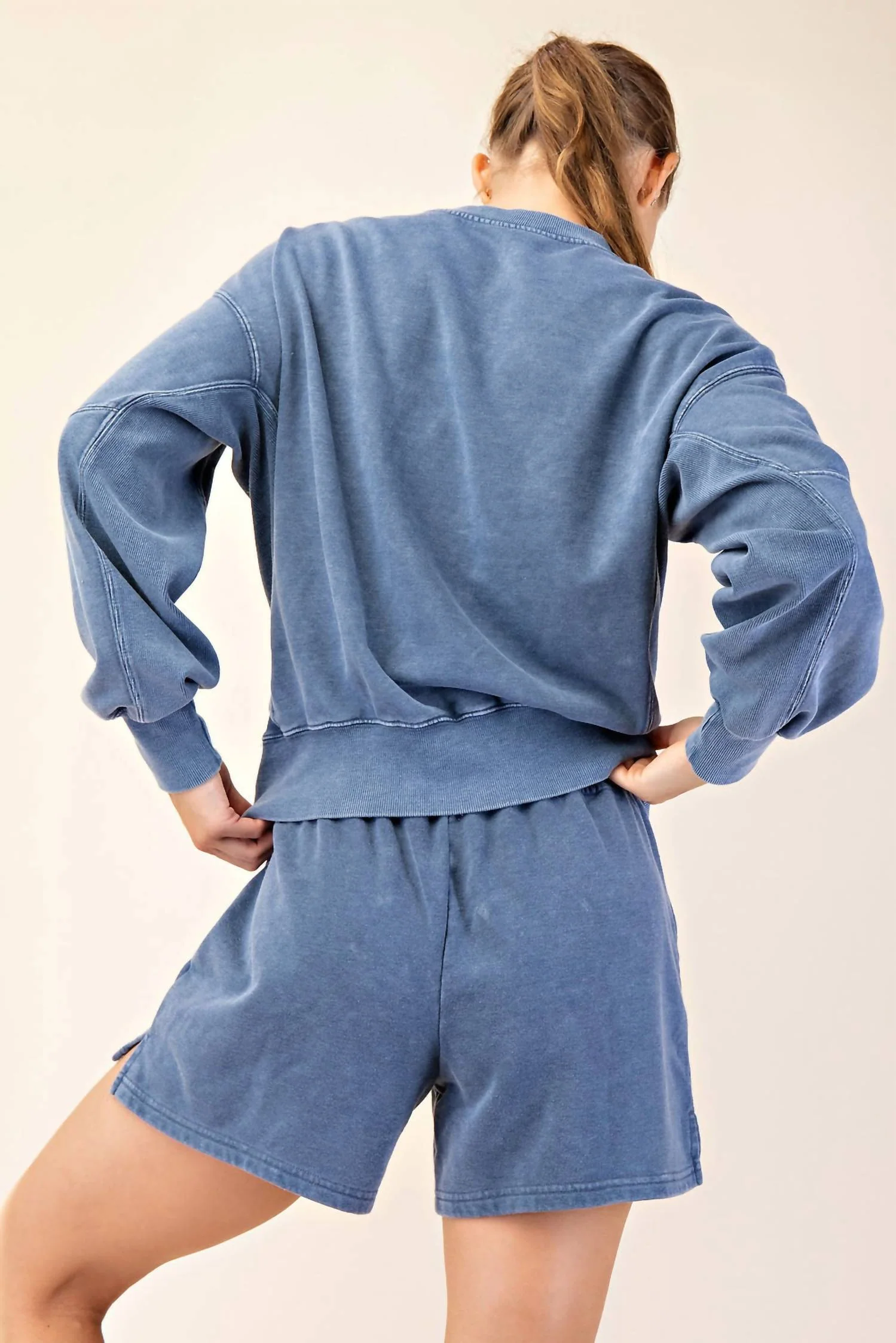 Mineral Washed Short Set In Navy