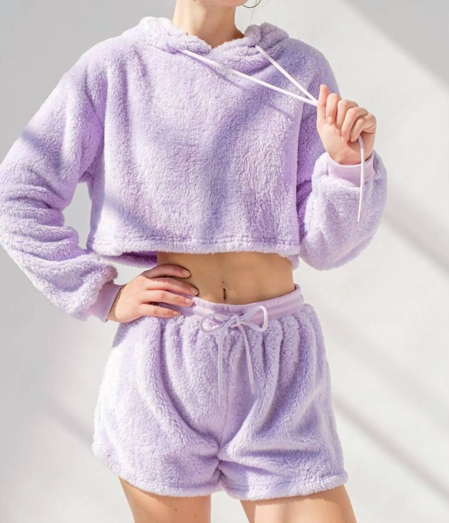 Fuzzy Cropped Hoodie And Short Set In Lavender