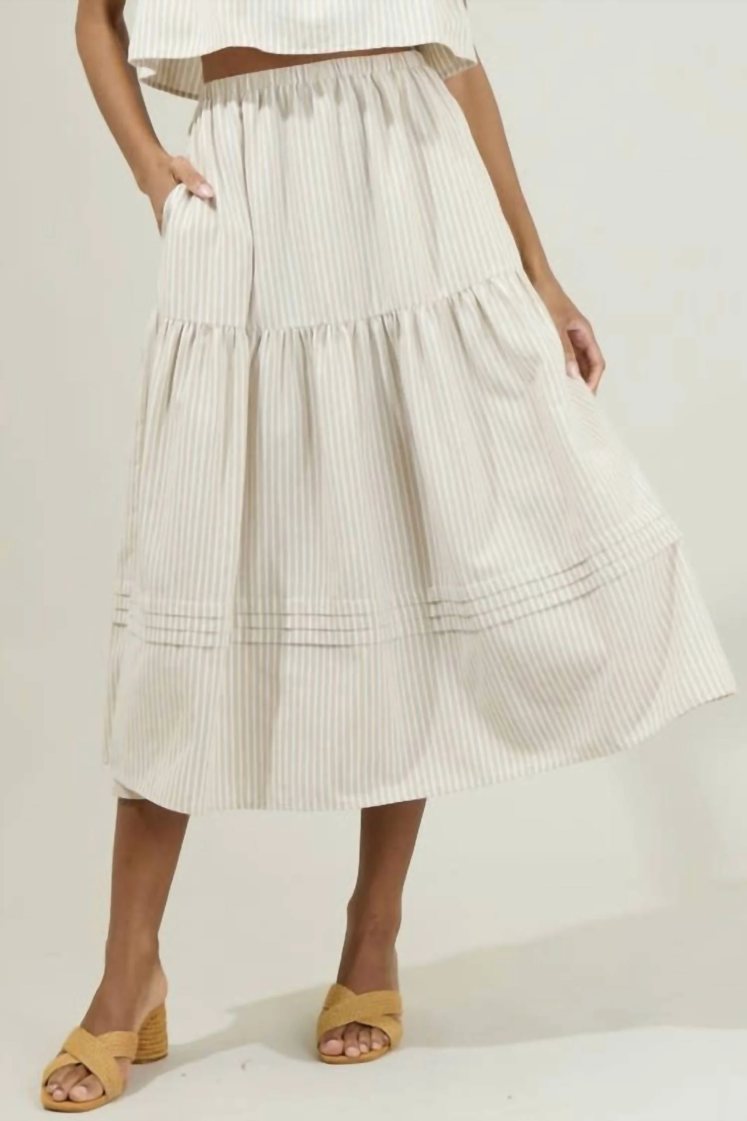 Everlanes Striped Flores Midi Skirt In Tan/white