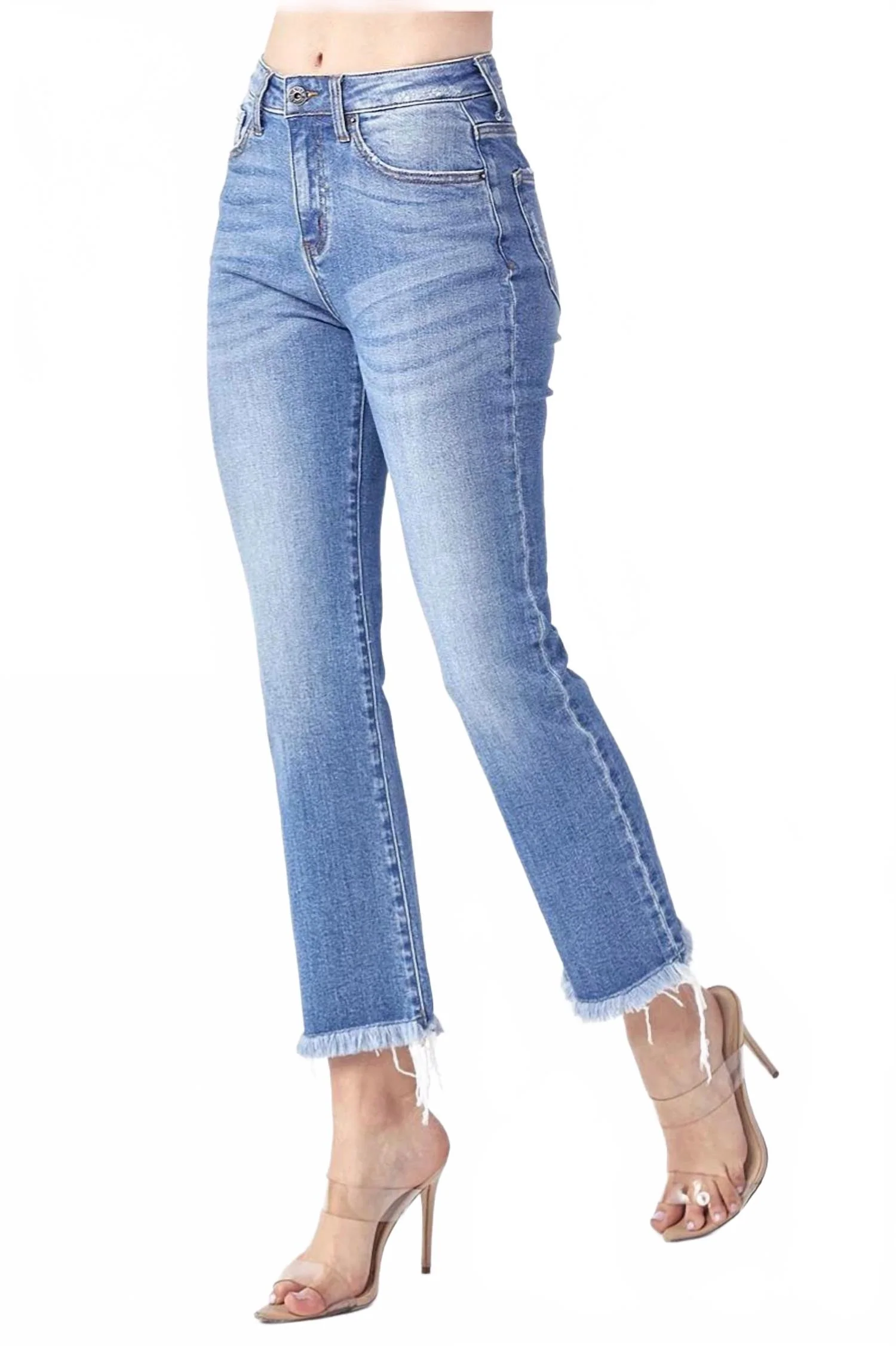 Mid Rise Raw Hem Straight Denim In Light Wash