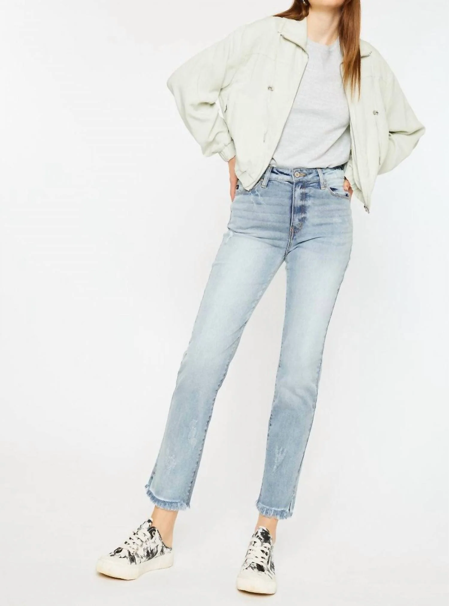 Muffy High Rise Side Slit Hem Straight Jeans In Light Stone Wash