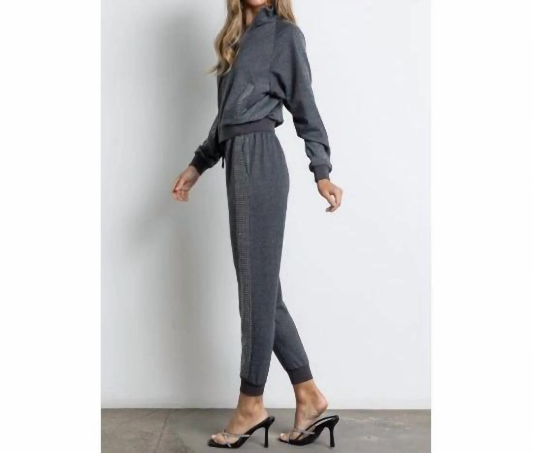 Rhinestone-Studded Jogger Set In Gray