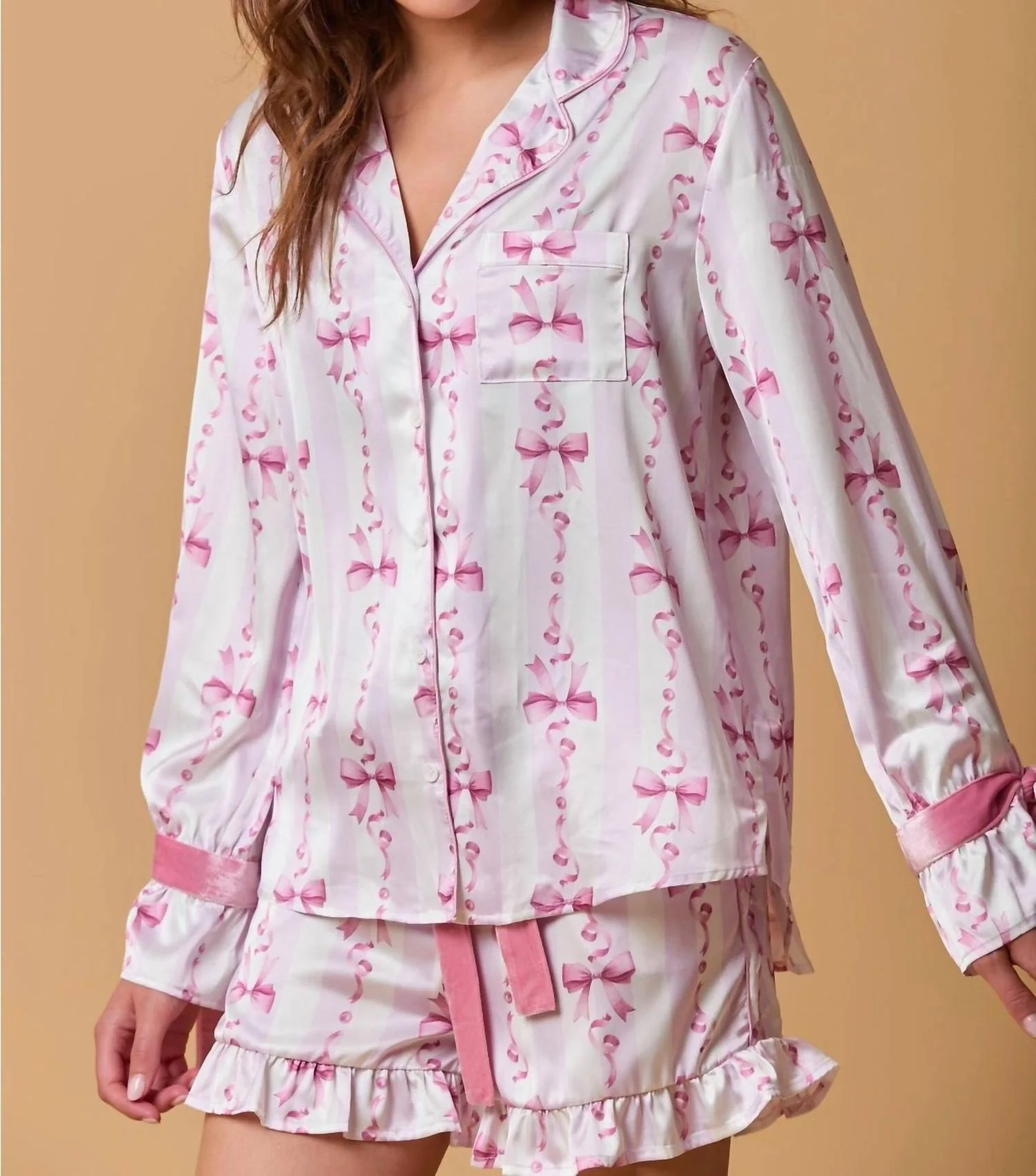 Bow Sleeve Button Down Pajama Top In Pink