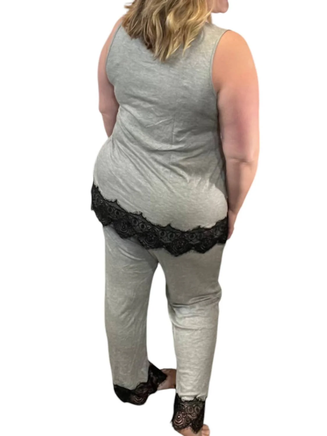 Lace Hem Lounge Set In Heathered Gray