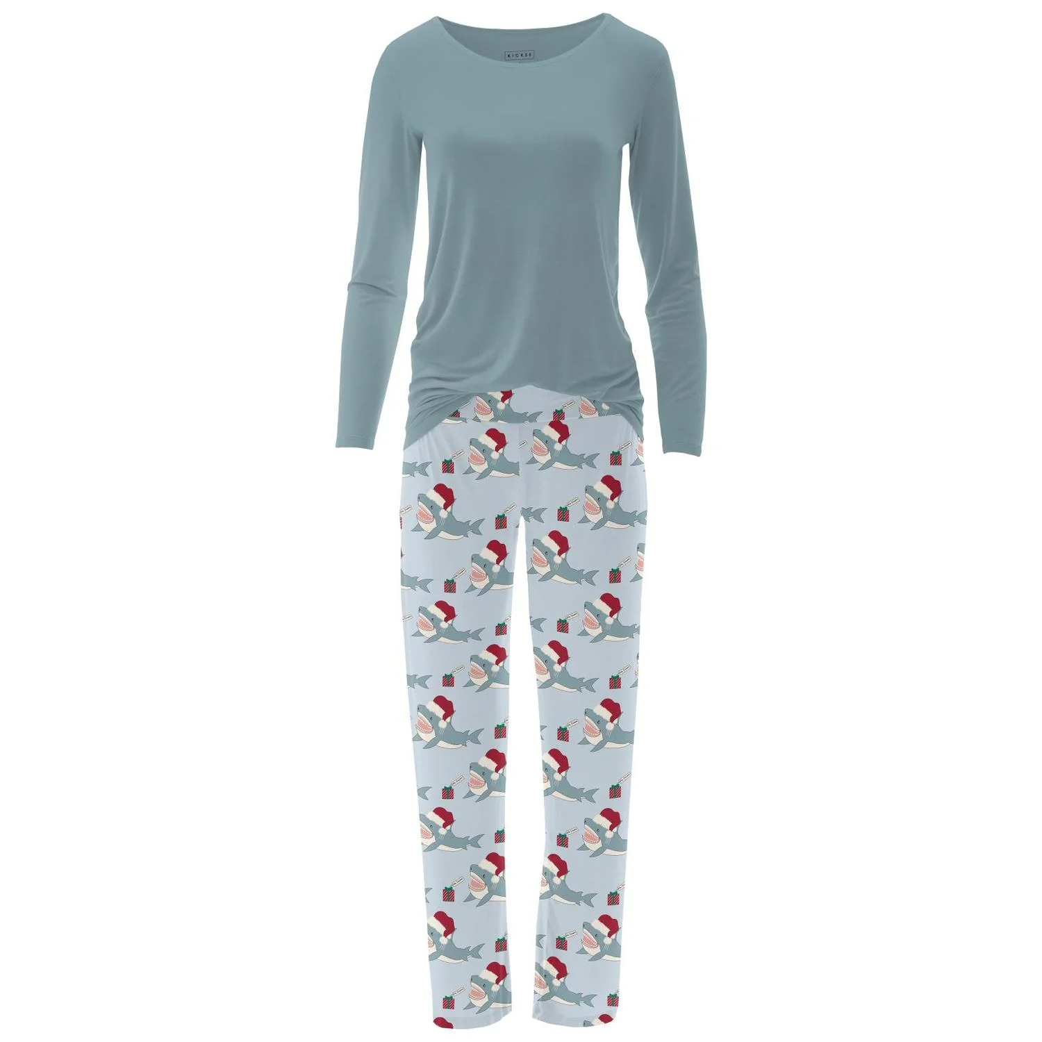 Women's Long Sleeve Tee & Pajama Pants Set In Illusion Blue Holiday Sharks