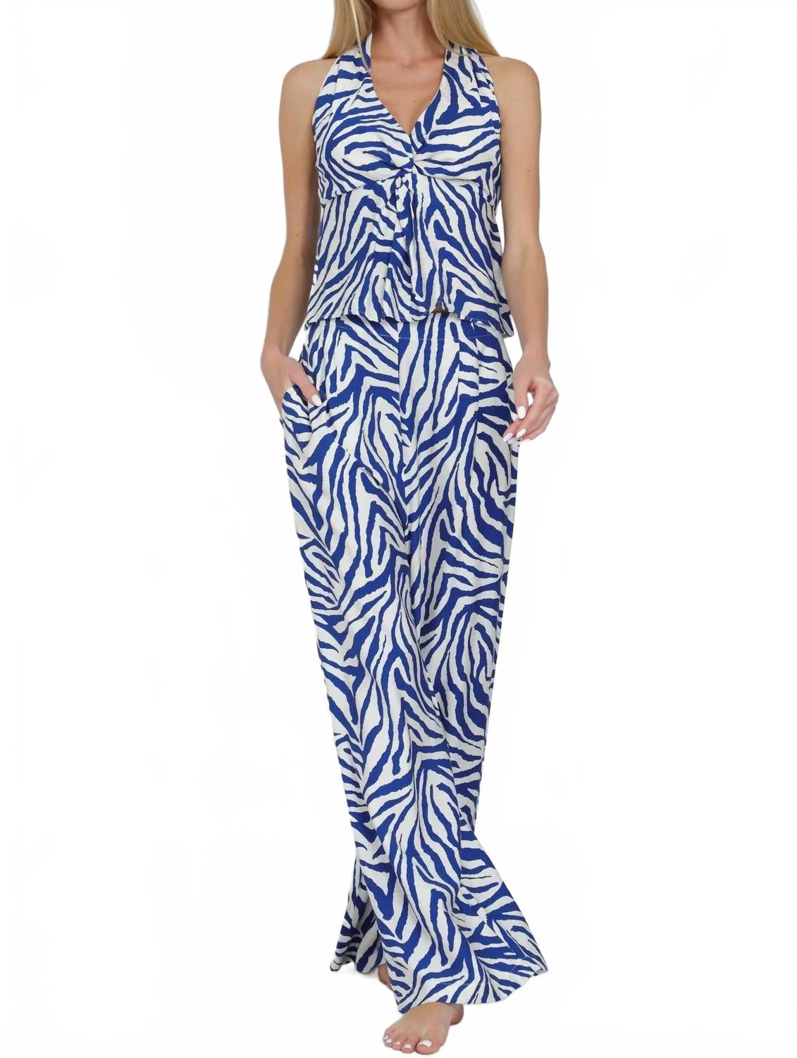 Halter Tie Back Waisted Top & Long Pants Set In Ivory/blue