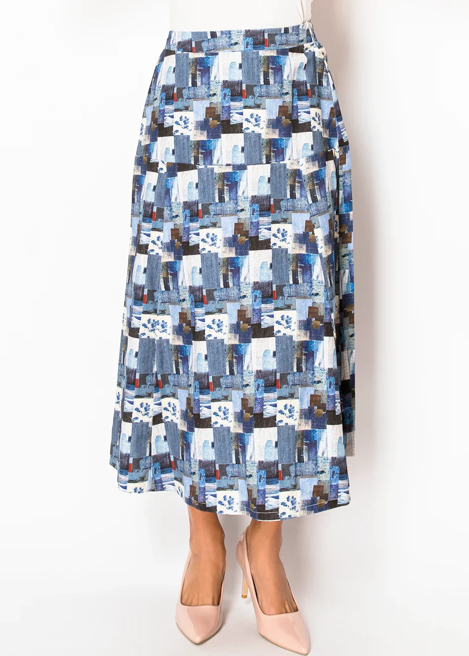 Abstract Patchwork Blue Midi Skirt