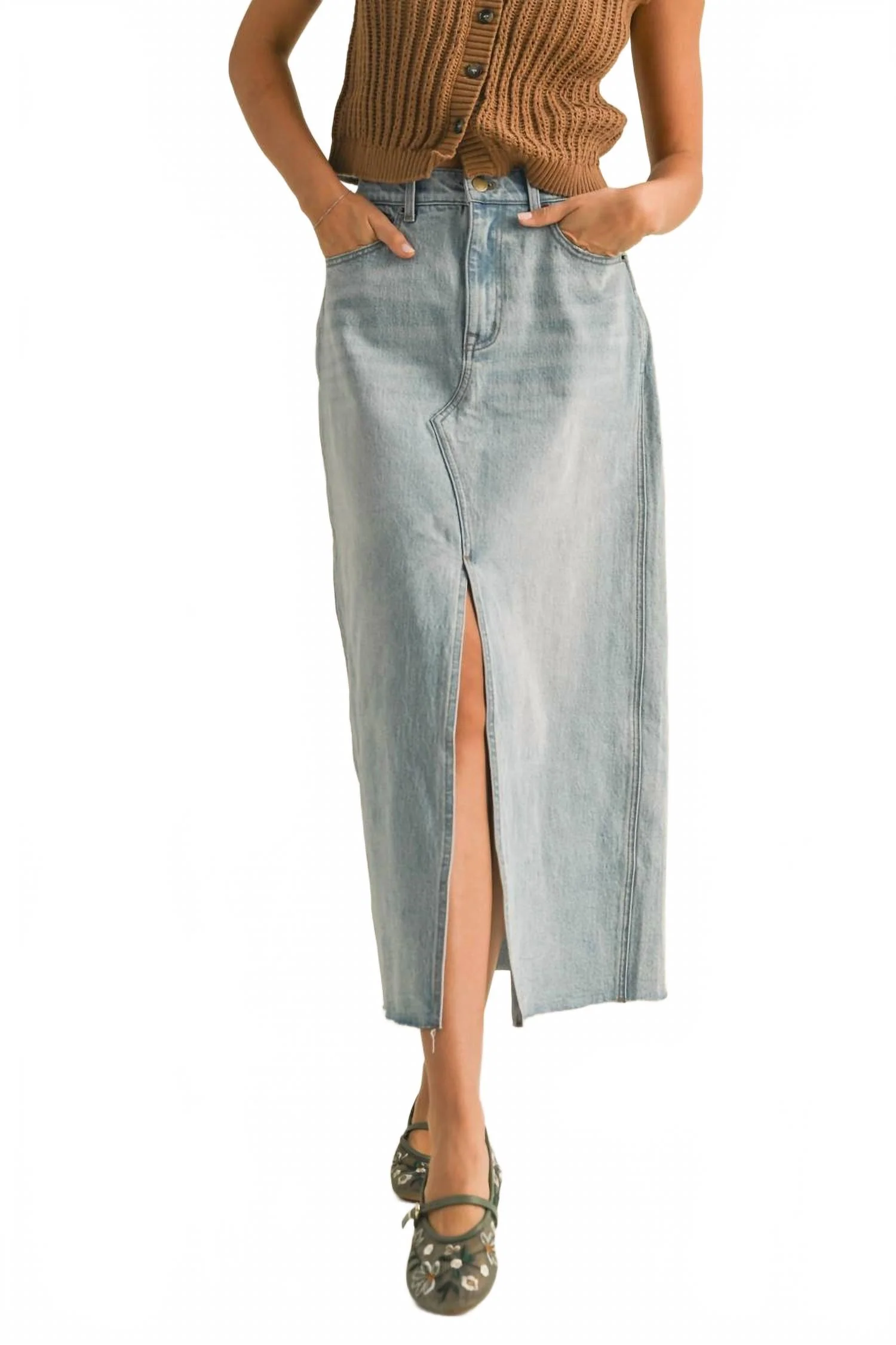 Slit Front Denim Skirt In Light Wash