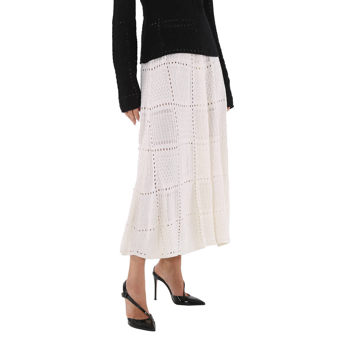 Chloe Ladies Cloudy White Full Kniited Midi Skirt, Size Medium