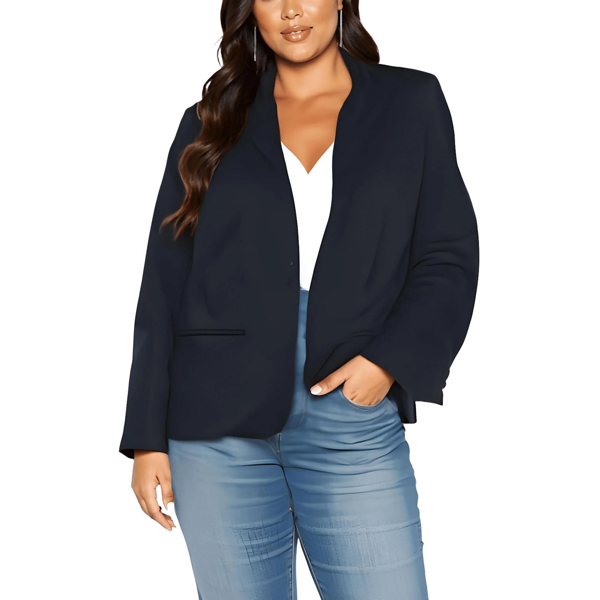 Plus Womens Solid Cotton Collarless Blazer