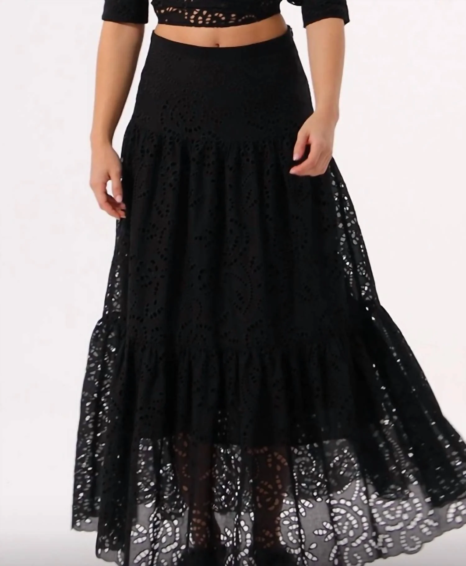 Embroidered Eyelet Maxi Skirt In Black