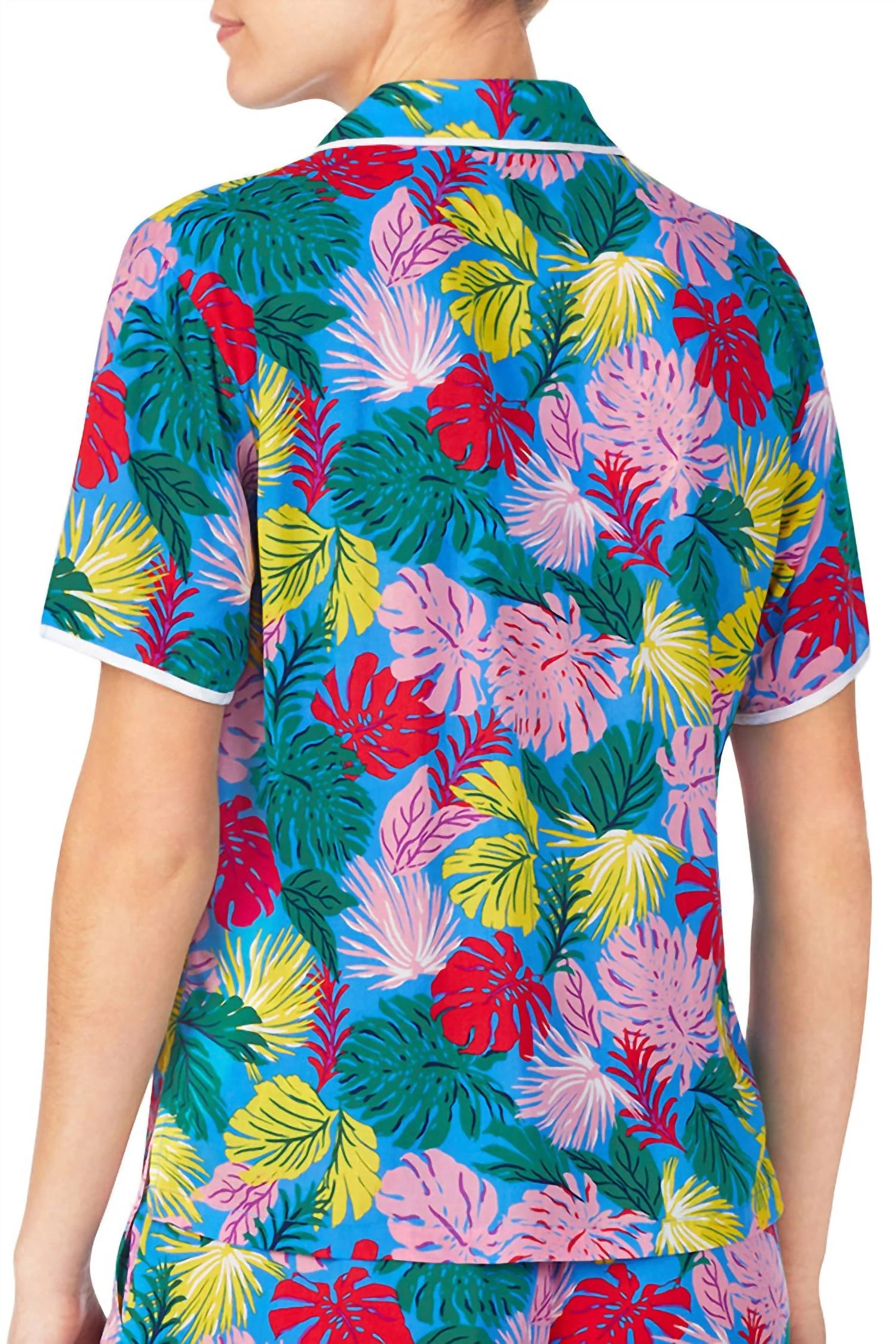 Notched Collar Front Patch Pocket Short Sleeve Sleep Pajama Shirt In Palm Leaves