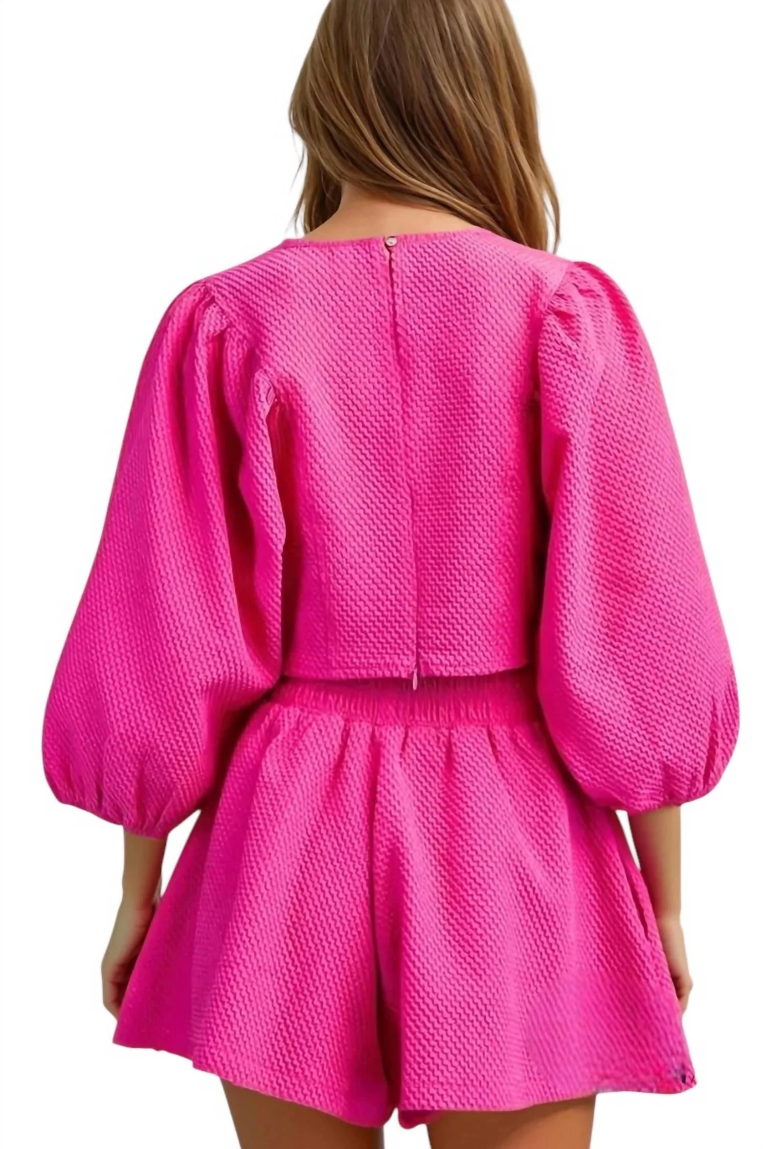 Catalina Round Neckline Balloon Sleeve Top & Short Set In Magenta