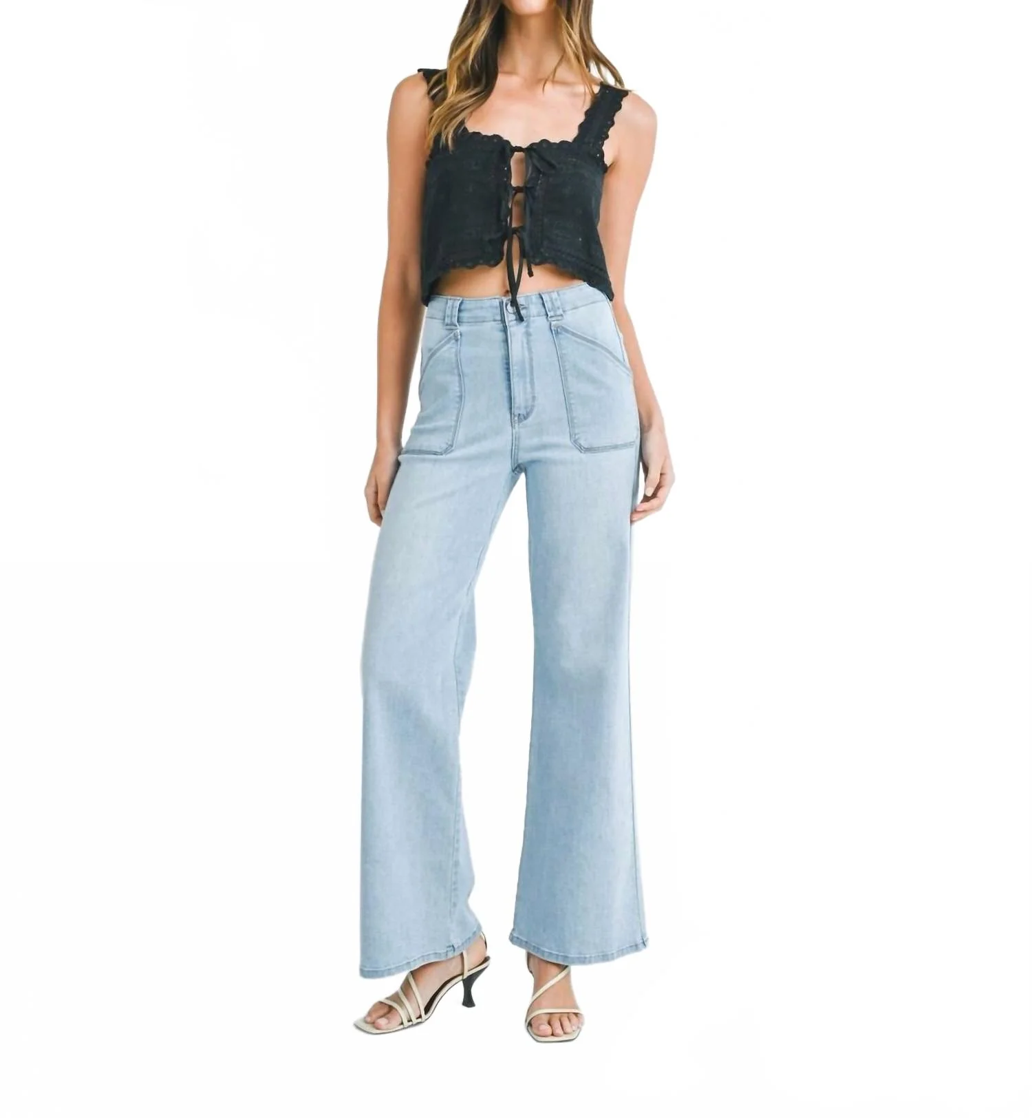 Patch Pocket Wide Leg Flare In Light Denim