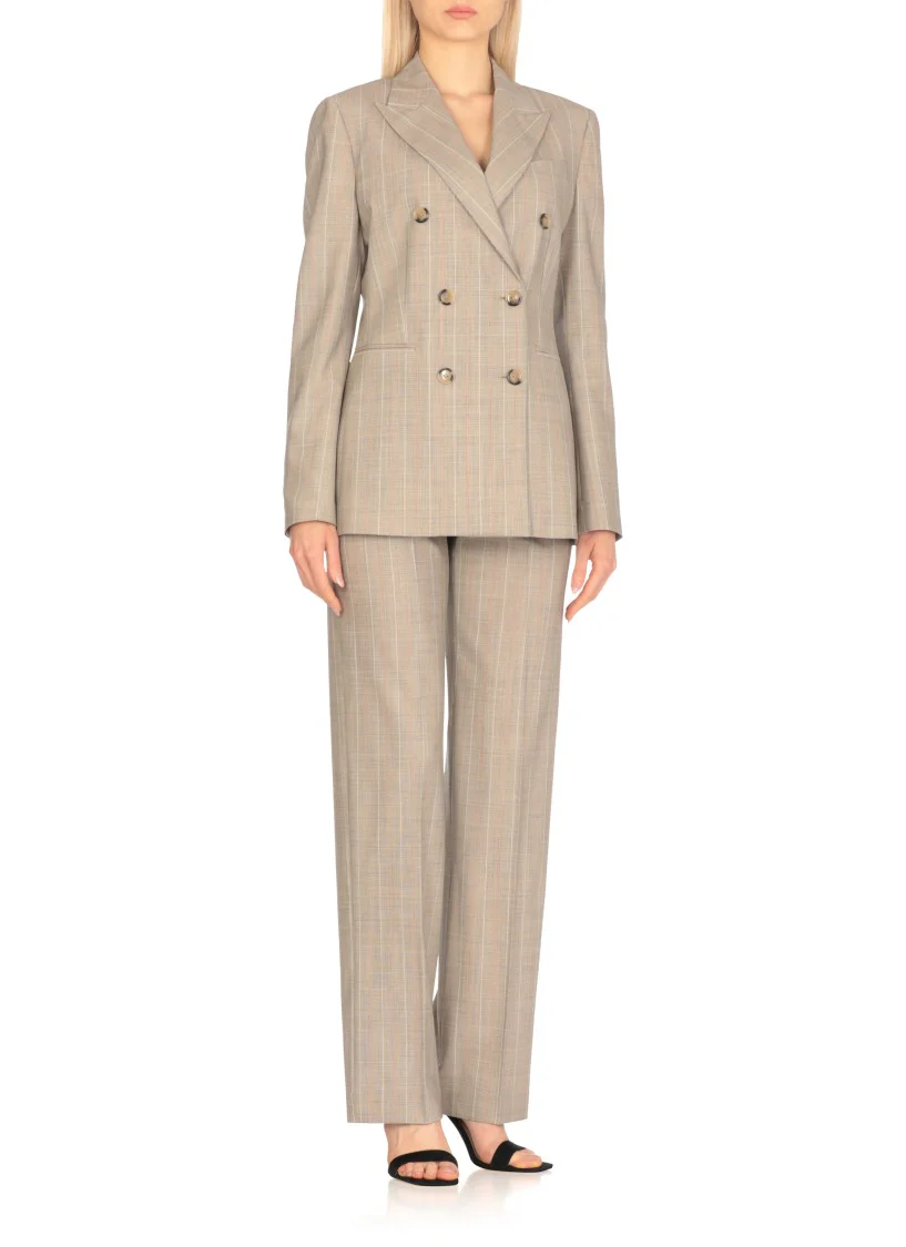Beige Virgin Wool Double-Breasted Blazer With All-Over Check Pattern