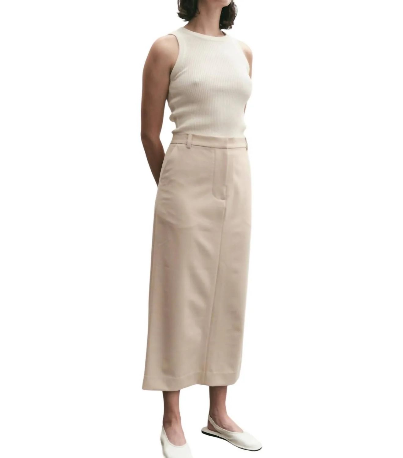 Split Back Midi Skirt In Beige