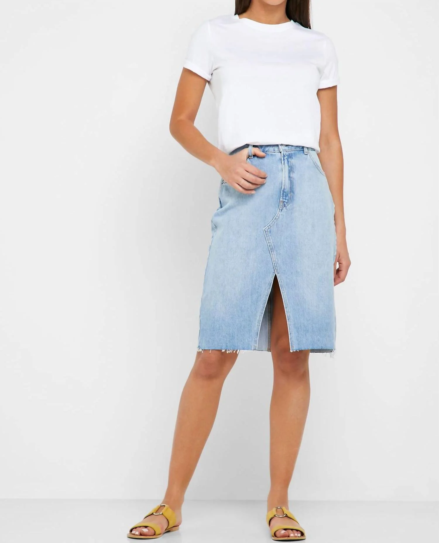 Denim Front Split Pencil Denim Skirt In Blue