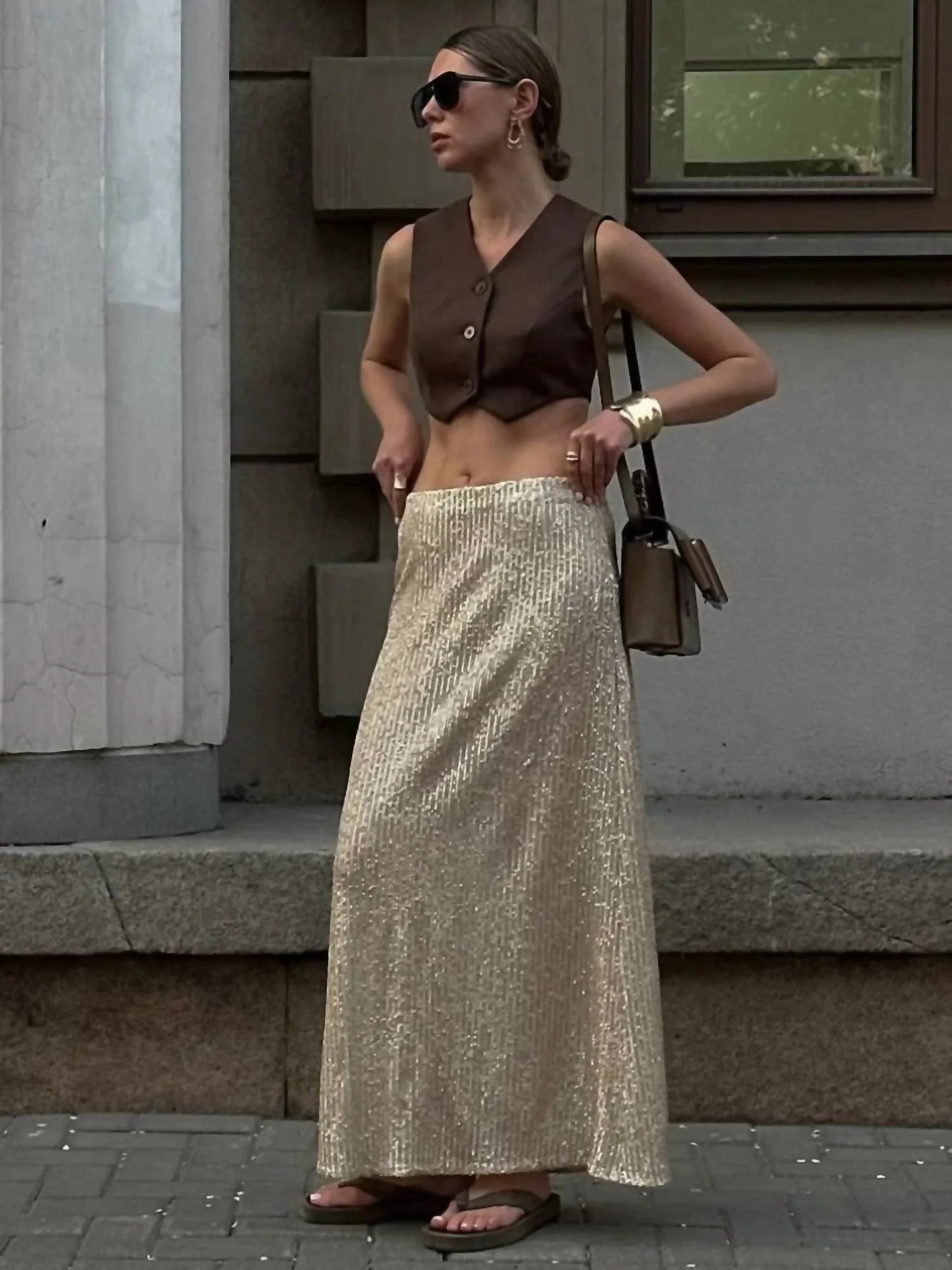 Sequins Long Skirt In Beige