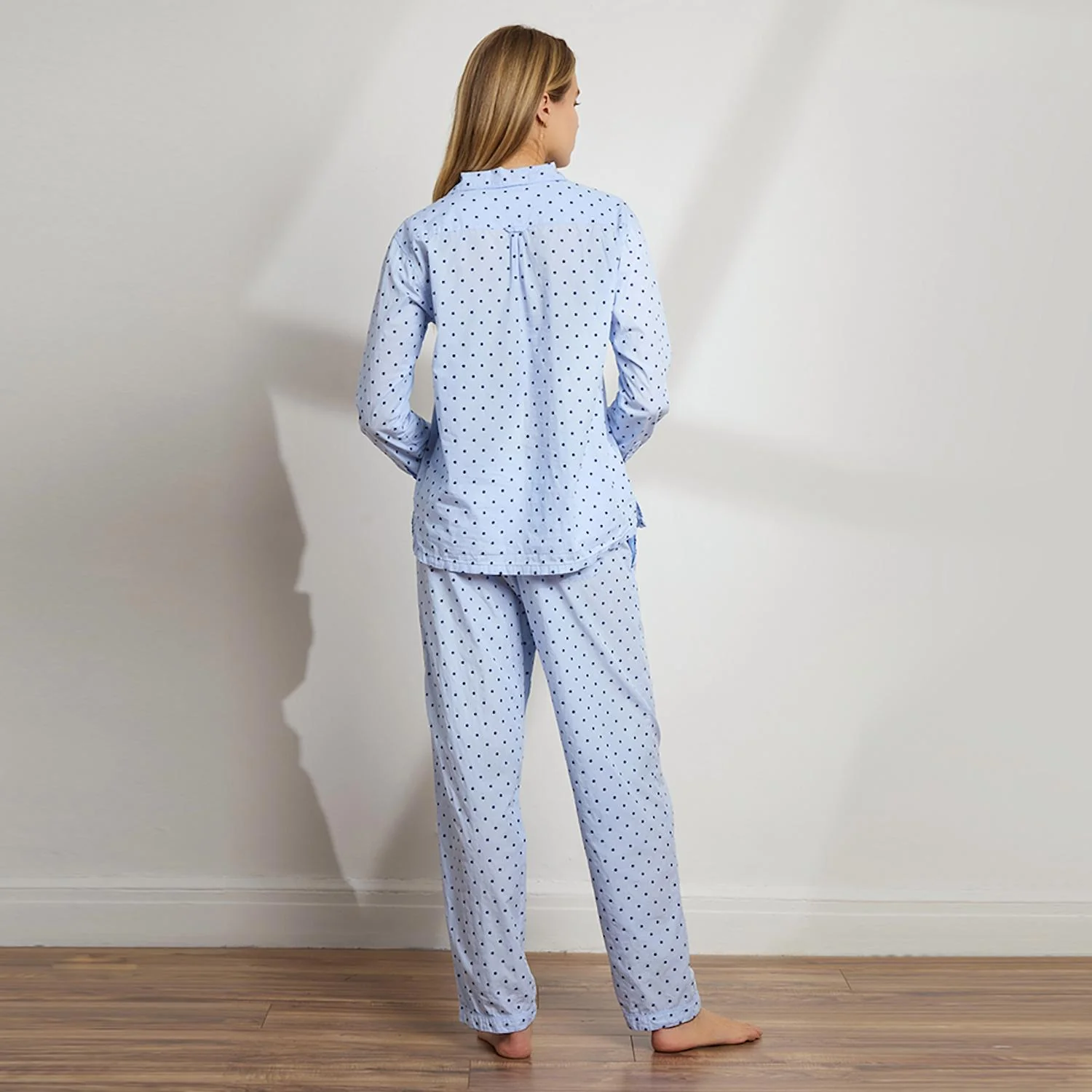 Swiss Dot Cotton Long Pj Set In Light Blue