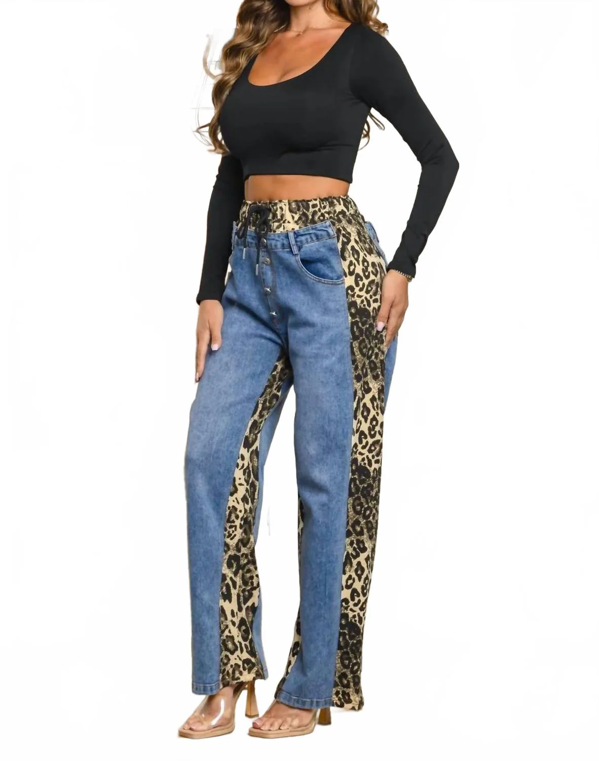 A Denim Leopard Combo Pants In Blue Multi