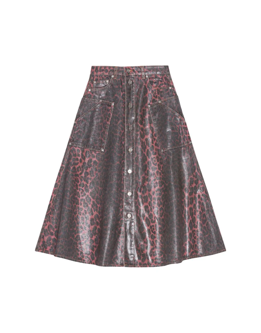 Leopard Print Foil Denim Midi Skirt