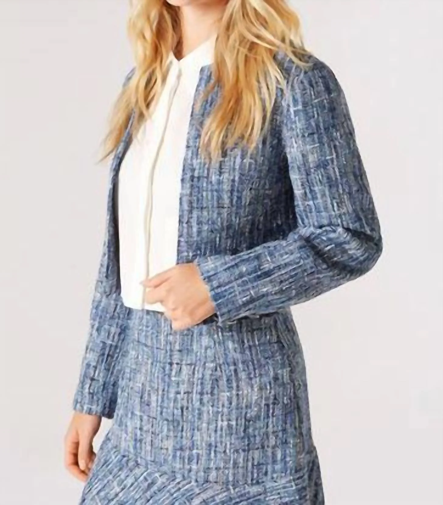 Textured Tweed Collarless Blazer In Blue