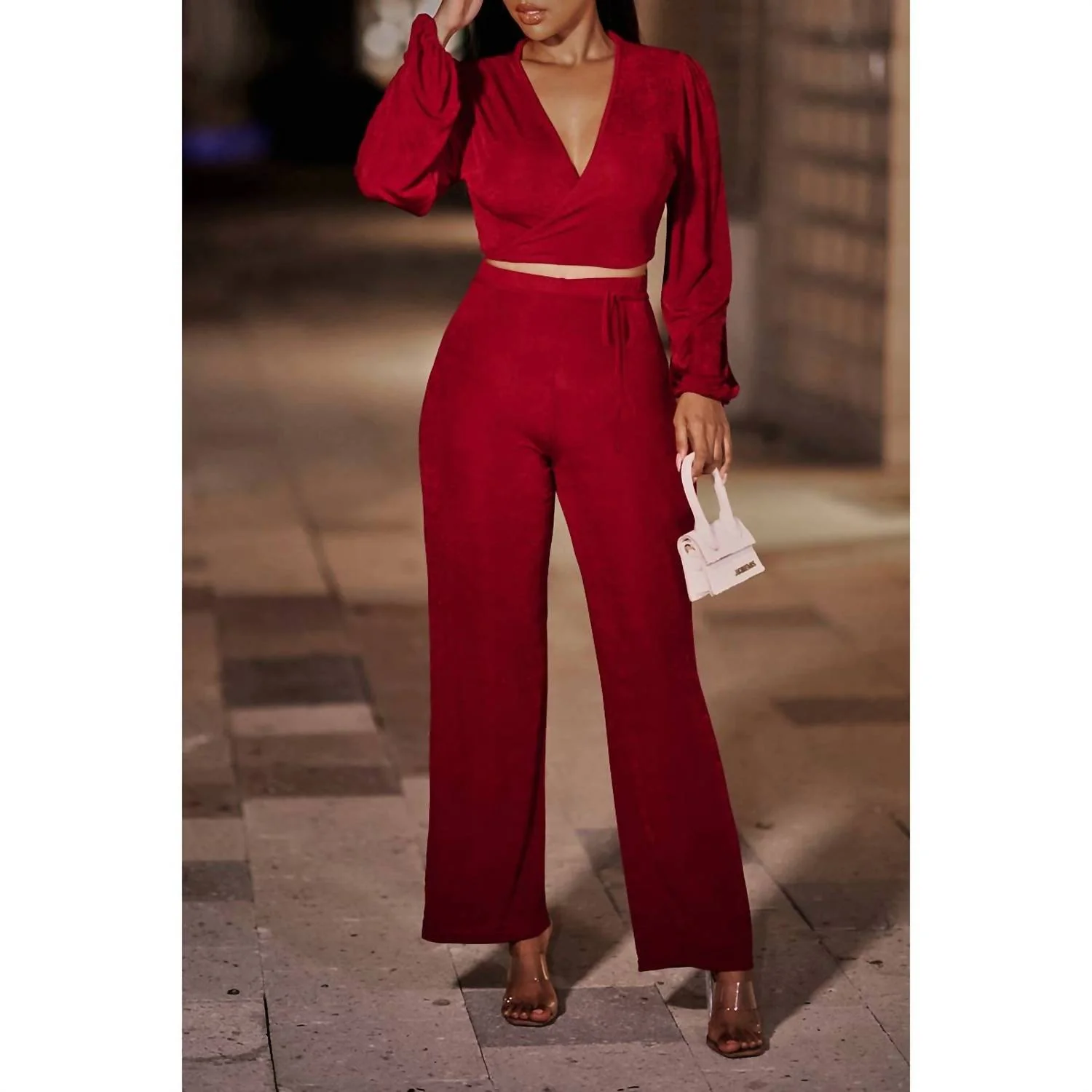 Cross Crop Top And Pants Set In Wine