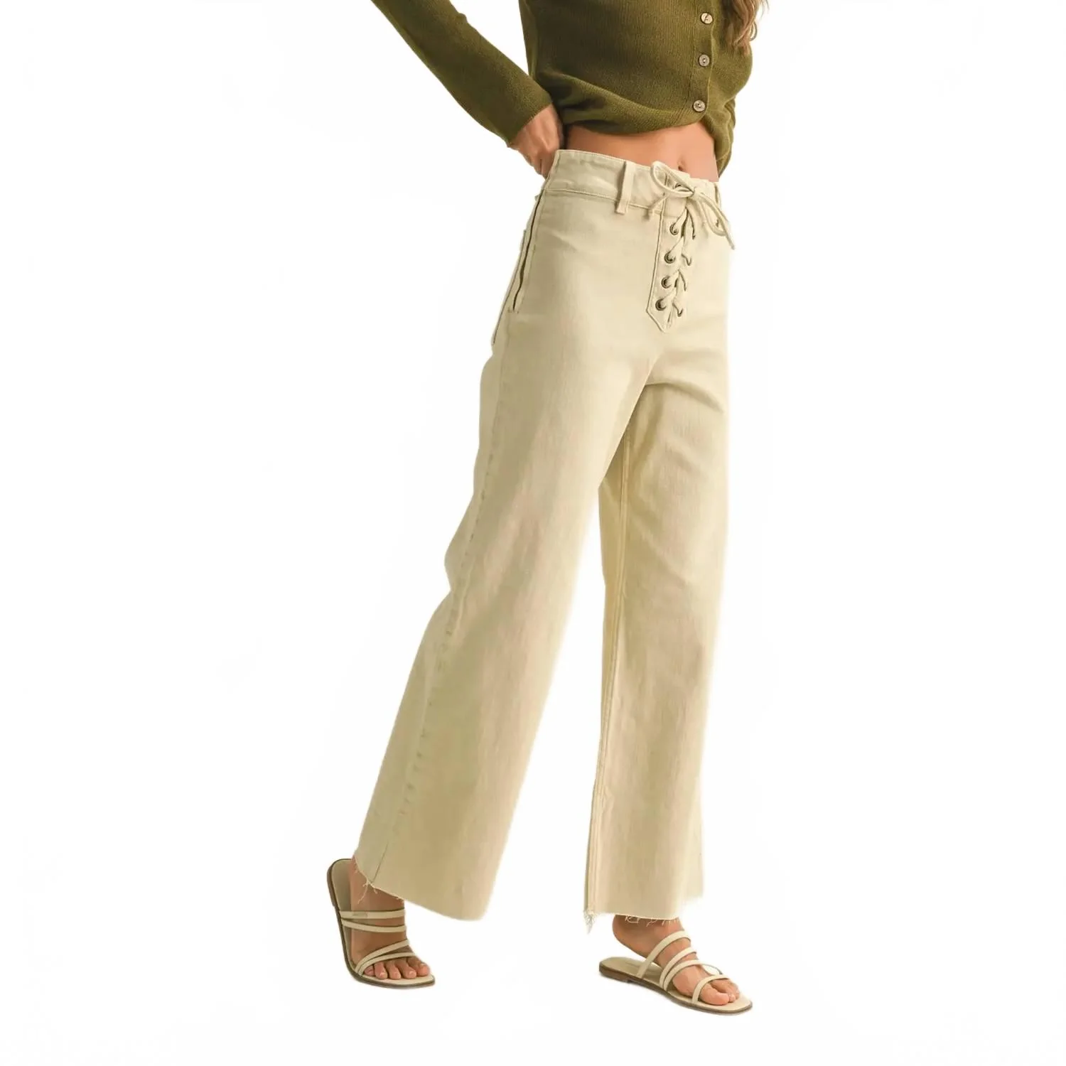 Lace Up Front Detail Pants In Washed Beige