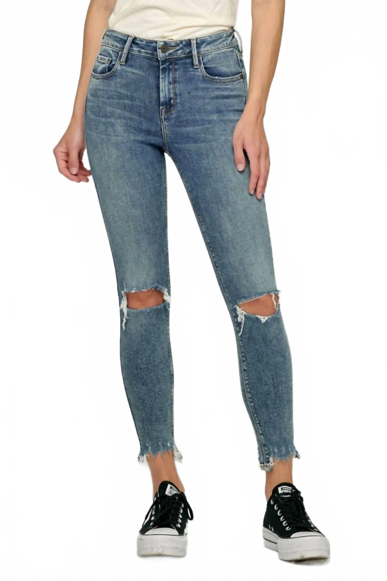 Amelia Chewed Hem Distressed Skinny Jeans In Dark Wash
