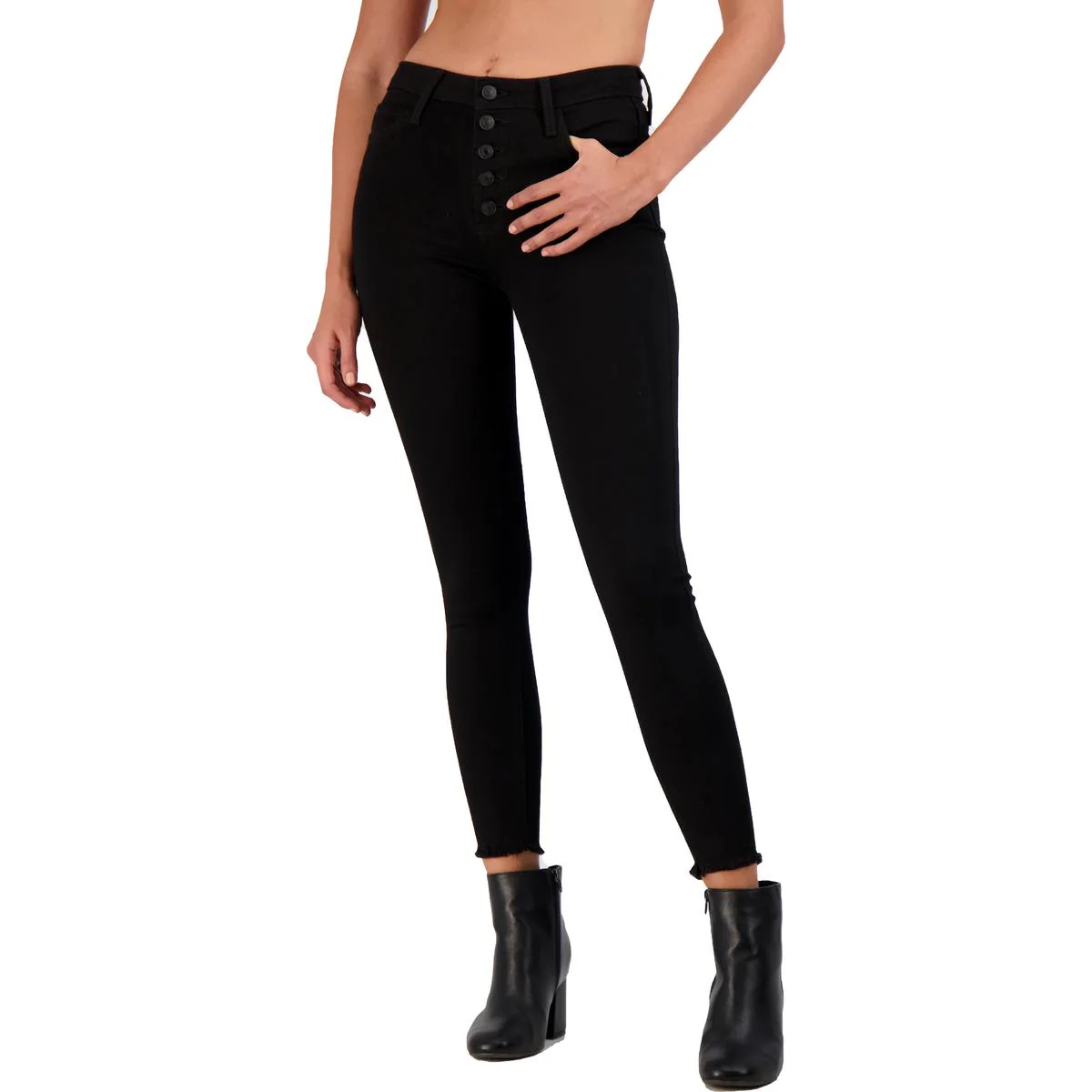 Womens Button Fly Frayed Hem Skinny Jeans
