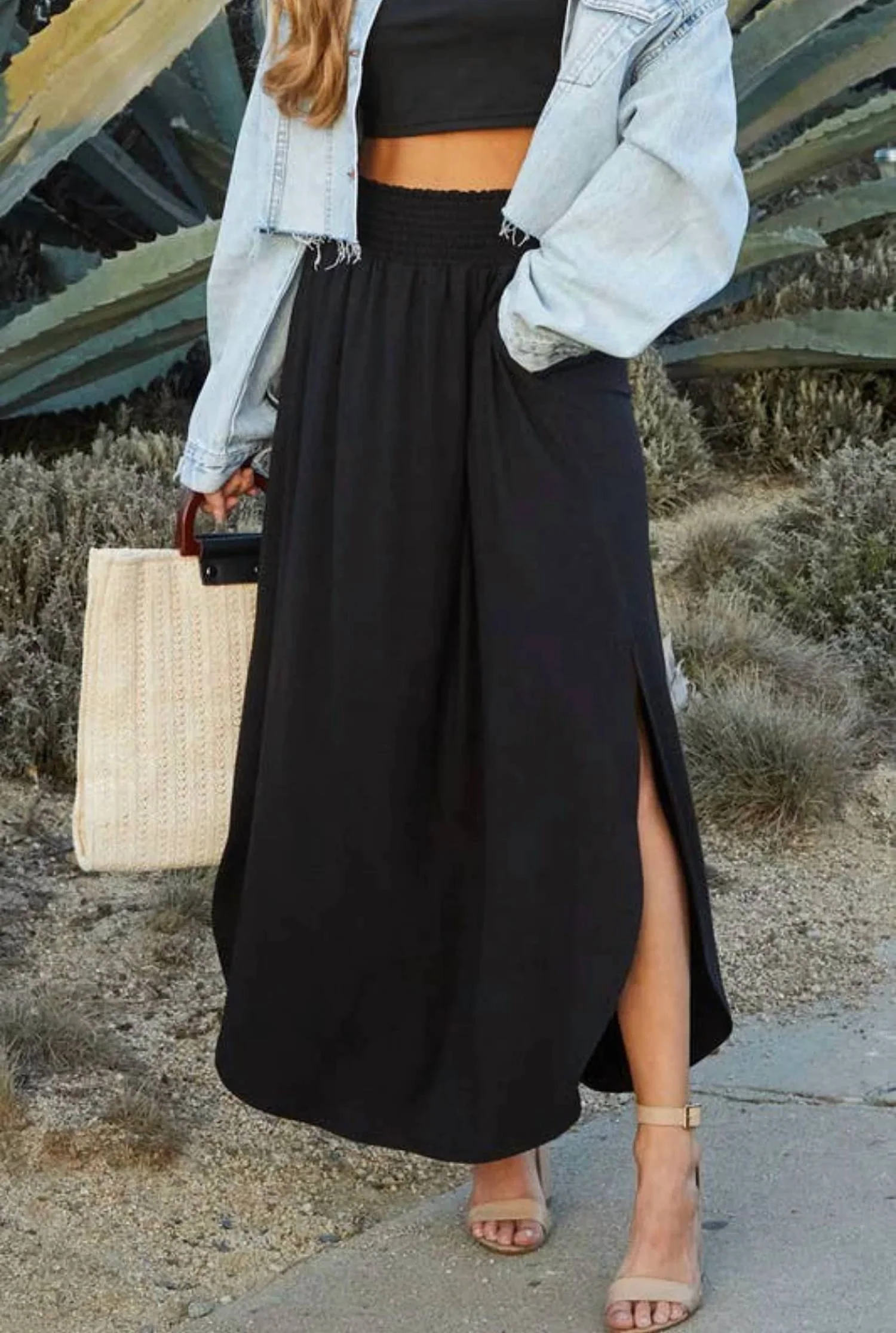Smocking Waist Maxi Skirt In Black