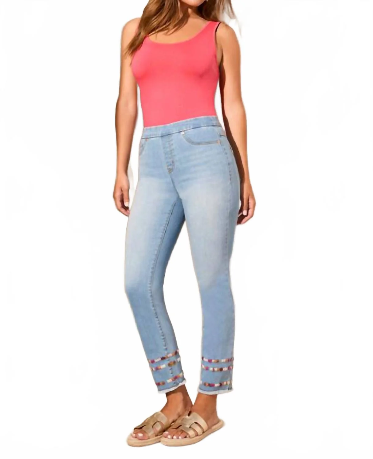 Audrey Pull-On Slim Ankle Jeans With Embroidery In Vivid Blue