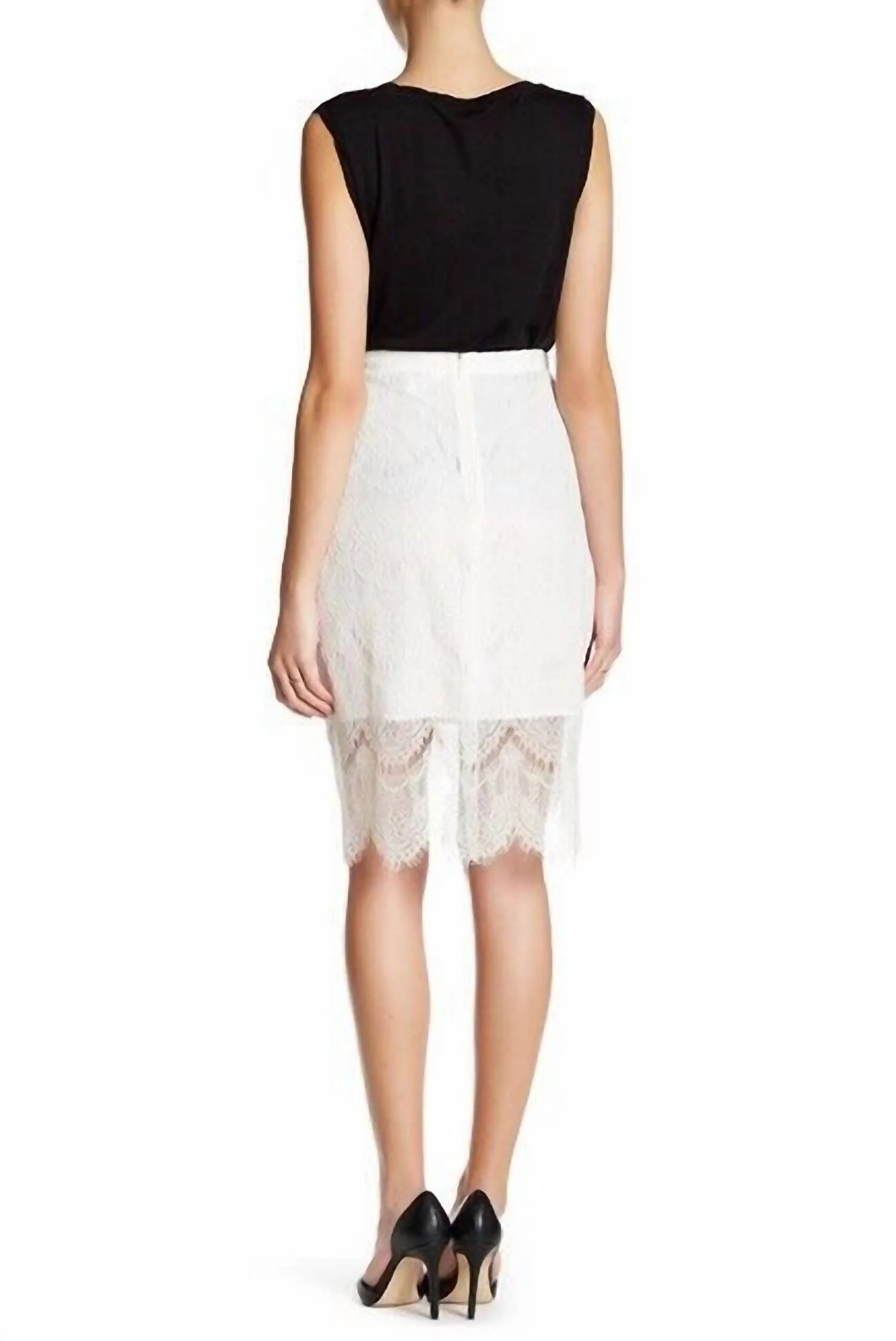 Lace High-Low Overlay Pencil Skirt In White
